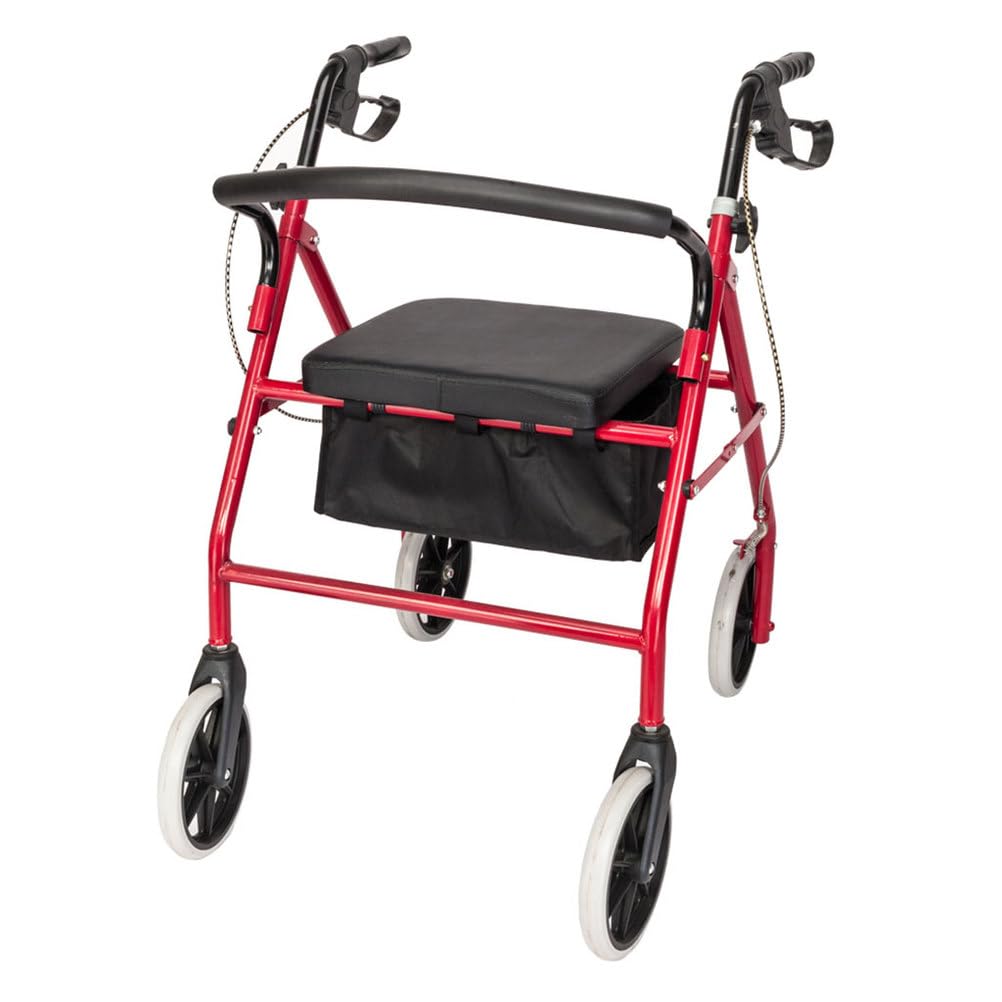 Lightweight Foldable Steel Rollator Walker with Seat, 8" Wheels, Red R597