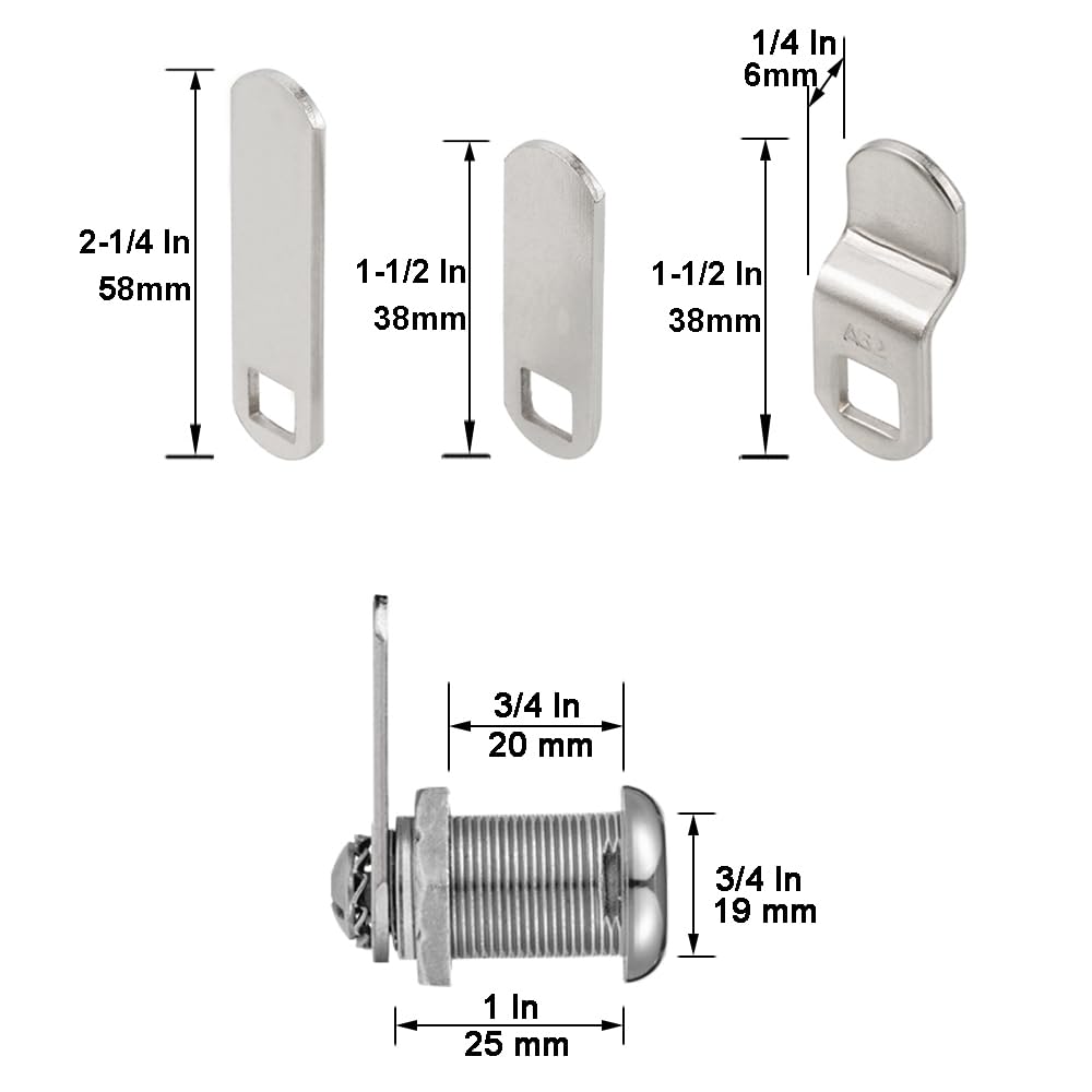 Keyed Alike 1” Cylinder Cam Locks Chrome Finish with 3 Cams and 2 Keys G458