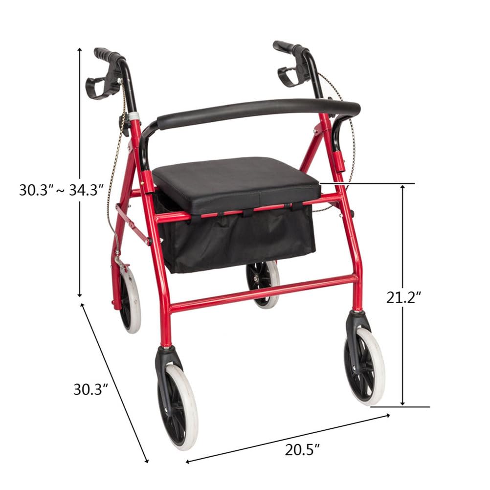 Lightweight Foldable Steel Rollator Walker with Seat, 8" Wheels, Red R597