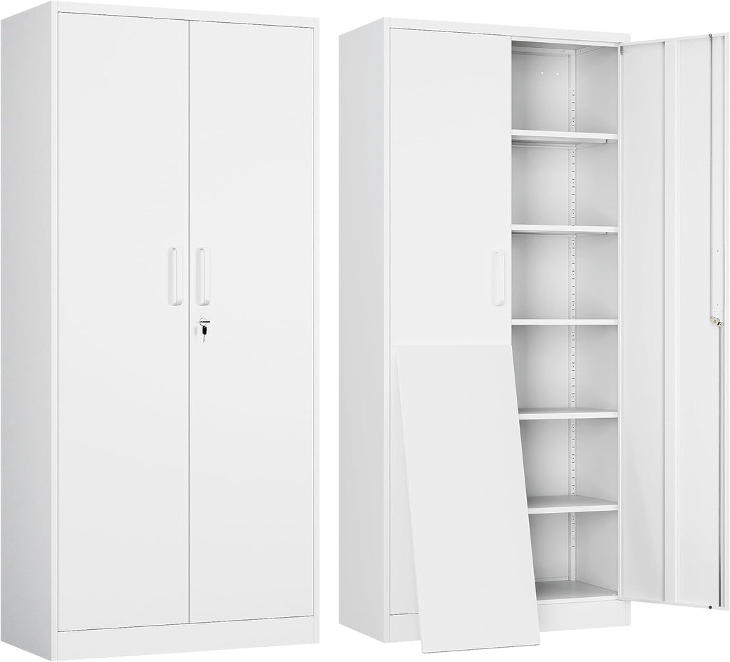 White Metal Storage Cabinet with 2 Doors and 5 Adjustable Shelves T887955