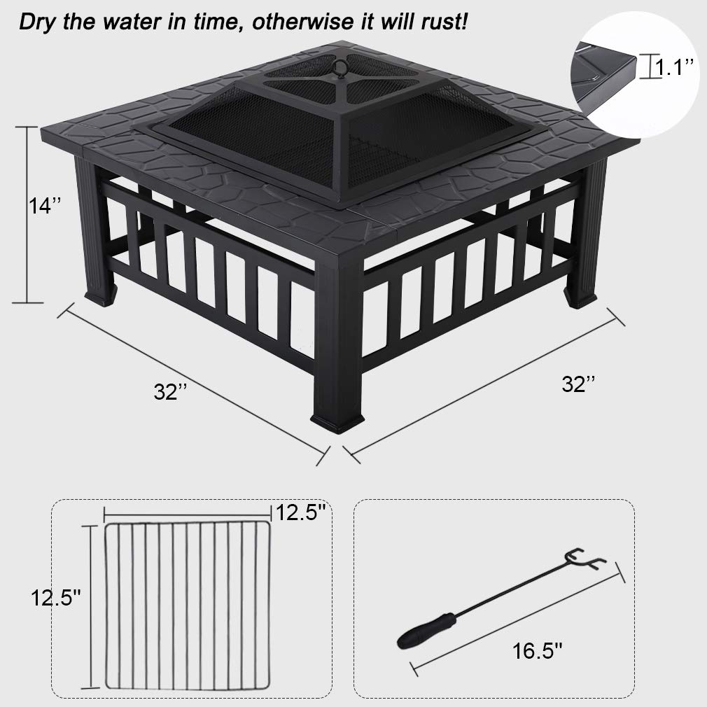 32'' Black Metal Square Wood Burning Fire Pit with Spark Screen Cover, Log Grate, Poker I86214