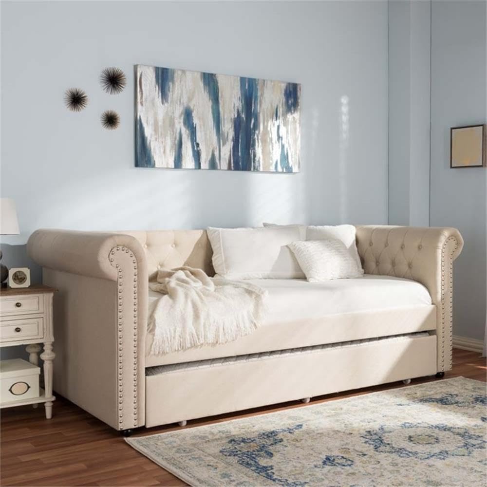 Light Beige Upholstered Twin Daybed with Trundle Z8824