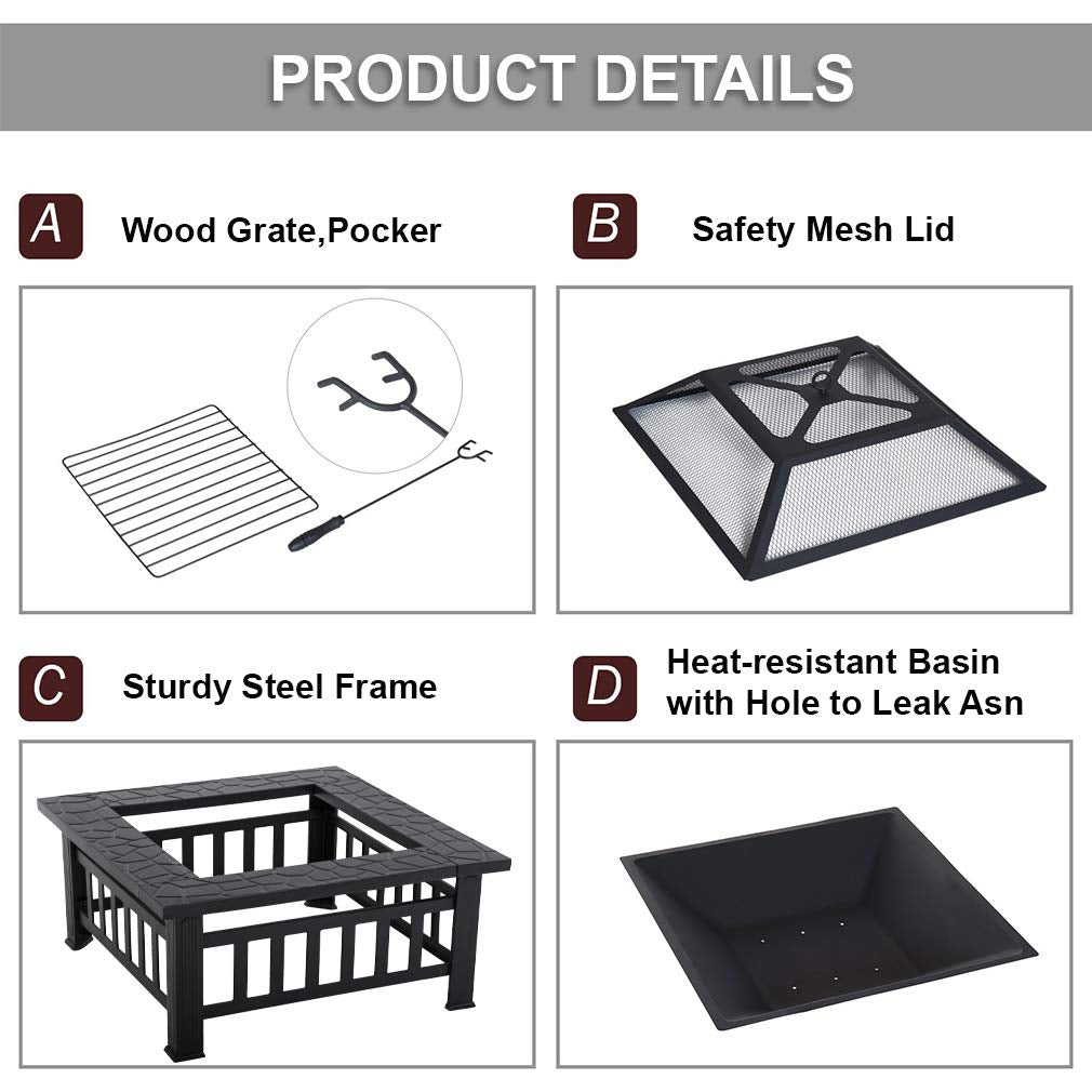 32'' Black Metal Square Wood Burning Fire Pit with Spark Screen Cover, Log Grate, Poker I86214