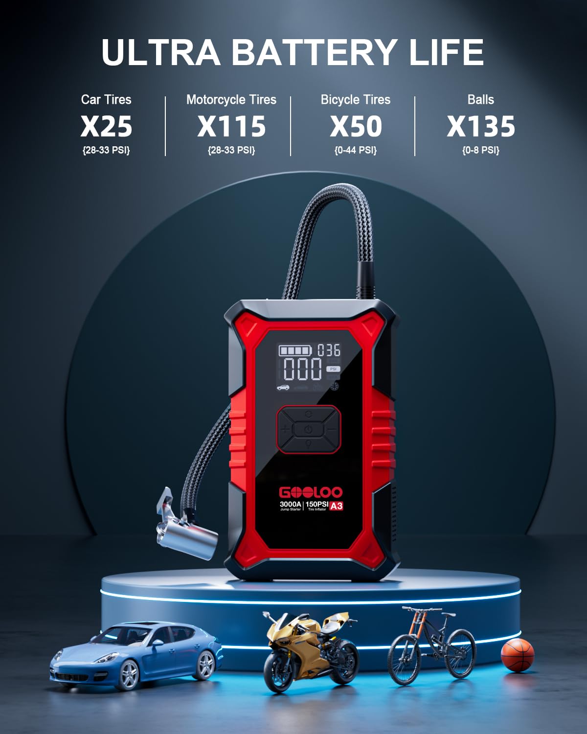 12V 3000A Portable Jump Starter with Air Compressor M43975