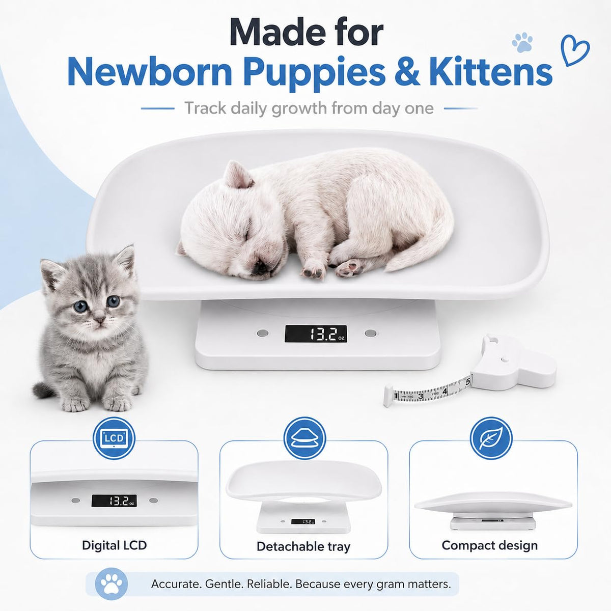 Digital Pet Scale with 1g Resolution and Tape Measure L256