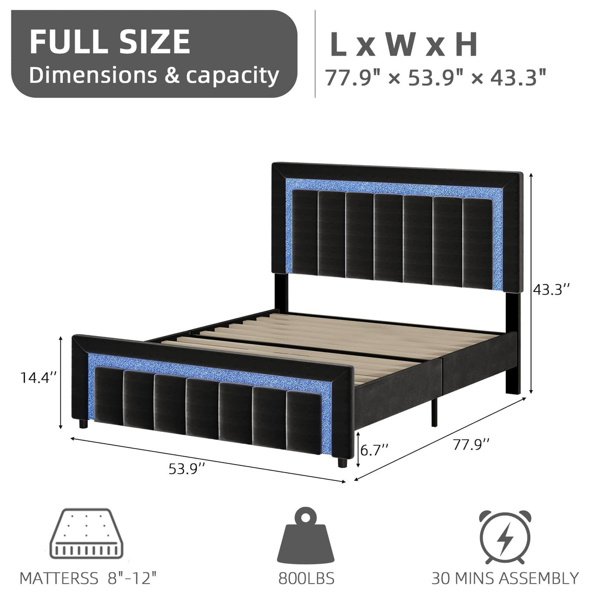 Full Size Velvet Upholstered Bed Frame with LED Lights C532316