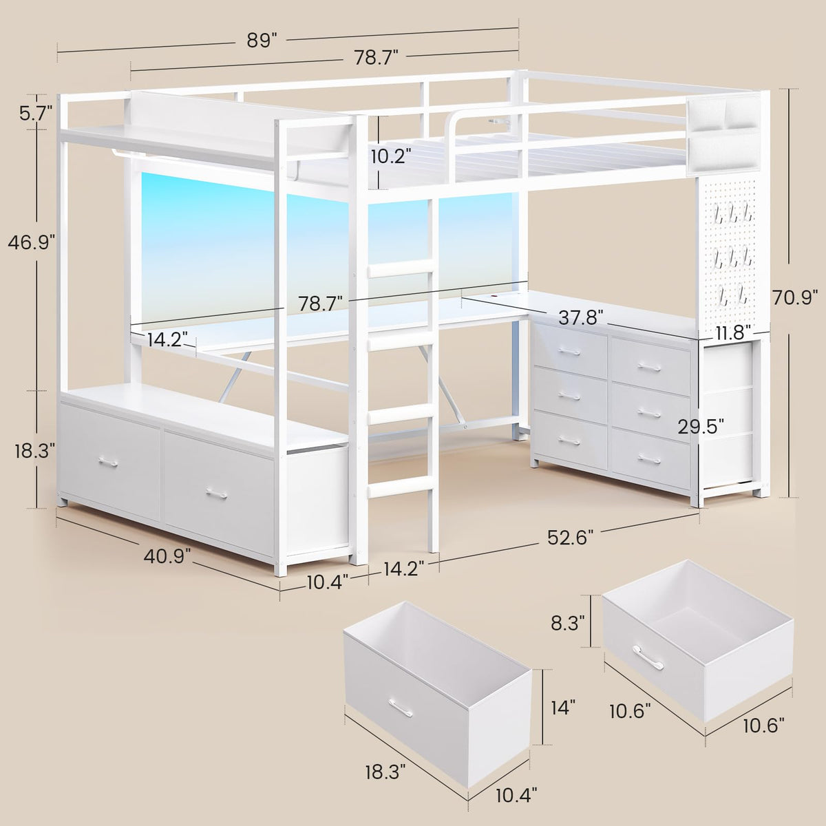White Twin Loft Bed with L-Shaped Desk and 8 Storage Drawers T83971