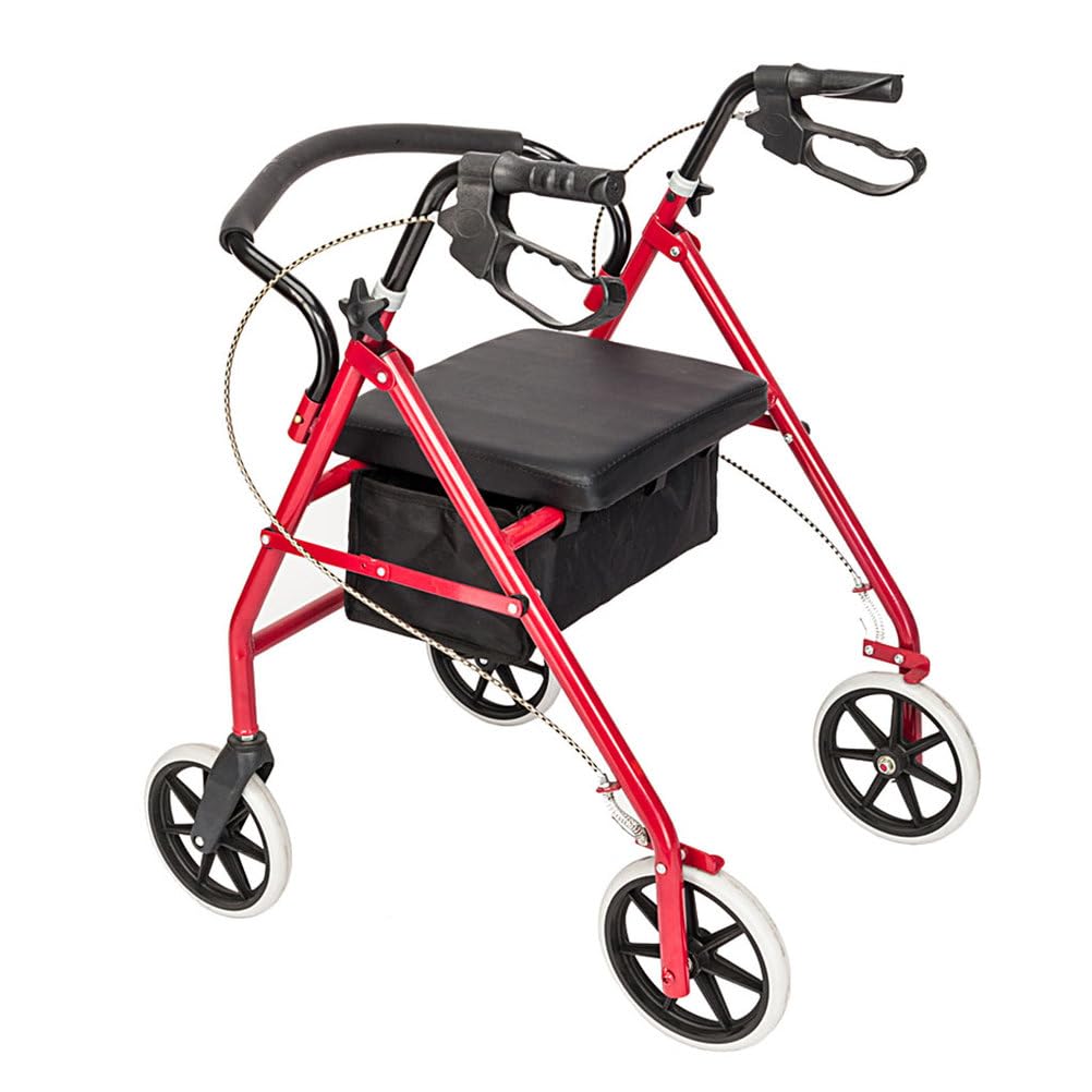 Lightweight Foldable Steel Rollator Walker with Seat, 8" Wheels, Red R597