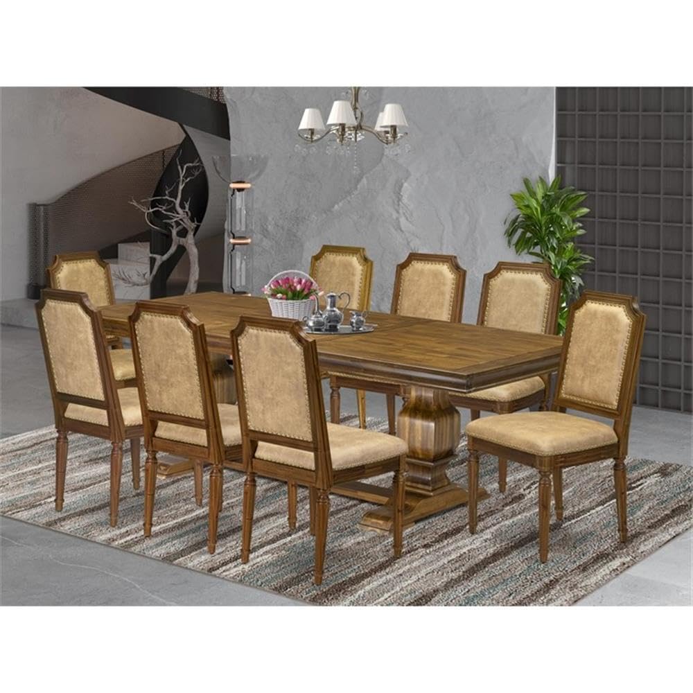 9-Piece Acacia Wood Dining Set with Beige PU Leather Chairs L277005