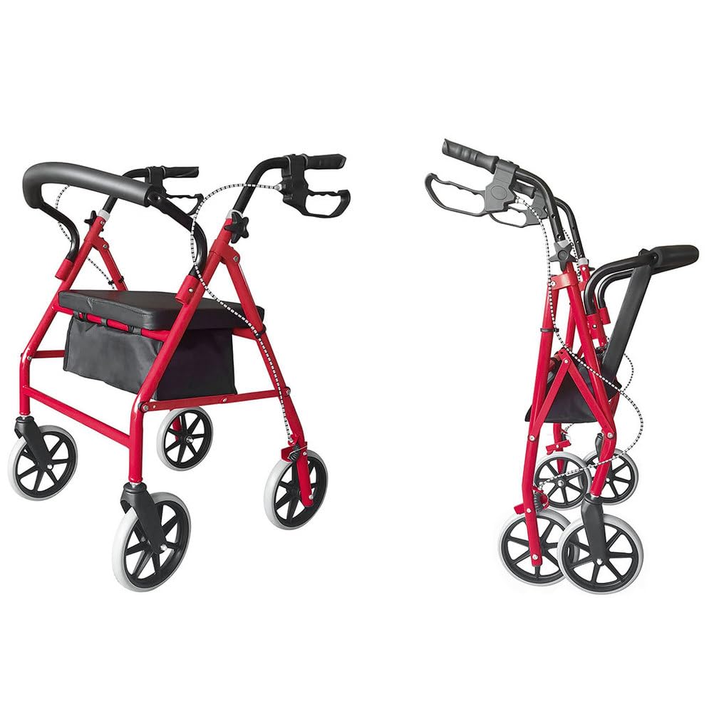 Lightweight Foldable Steel Rollator Walker with Seat, 8" Wheels, Red R597