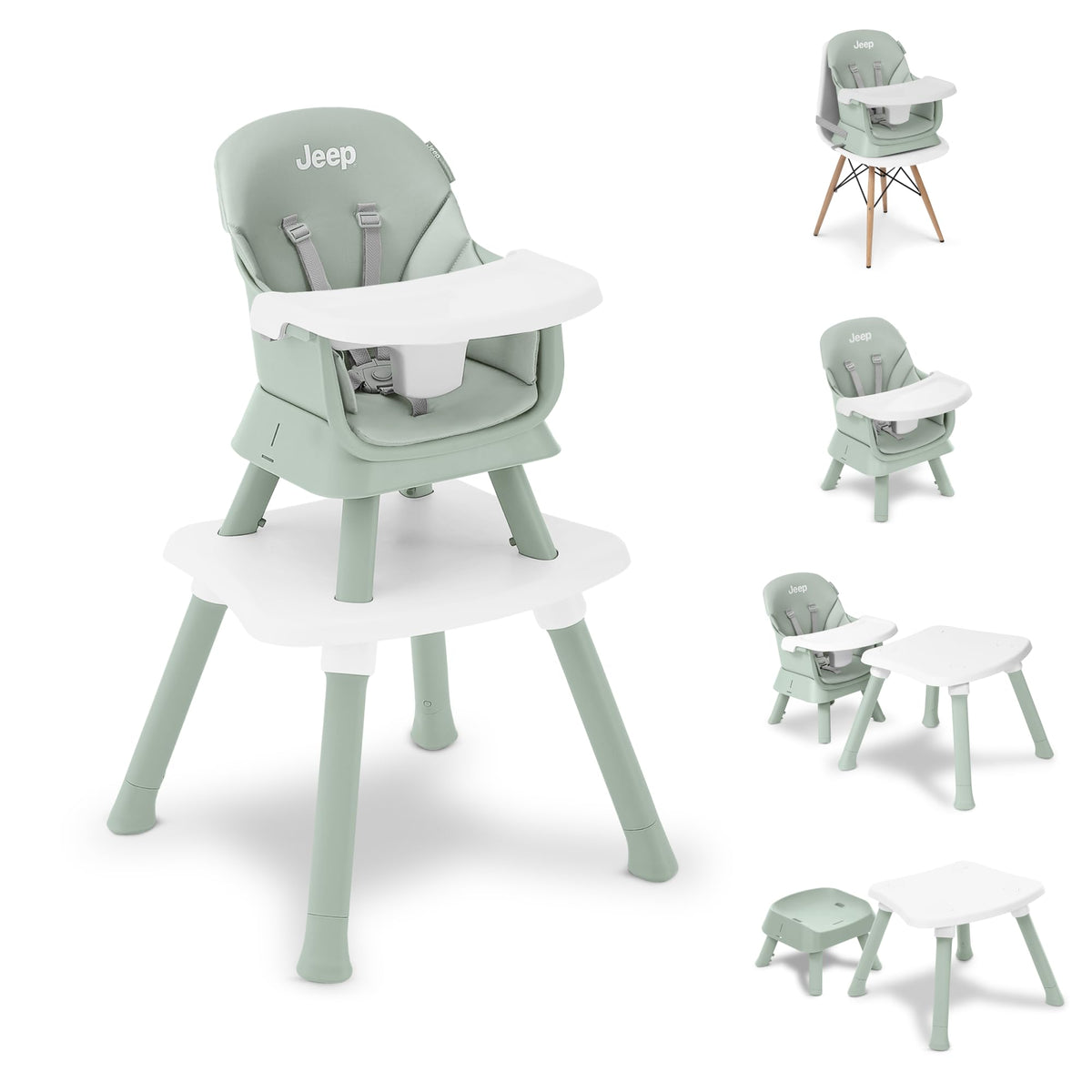 6-in-1 High Chair Converts to Stool Booster Seat Toddler Chair Activity Table and Desk and Chair Sage Green G7733