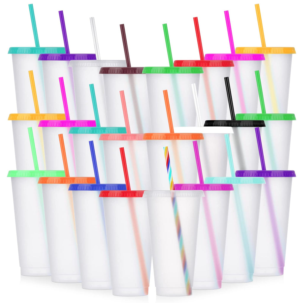 24 Pack Clear Plastic Tumblers with Lids and Straws B984445