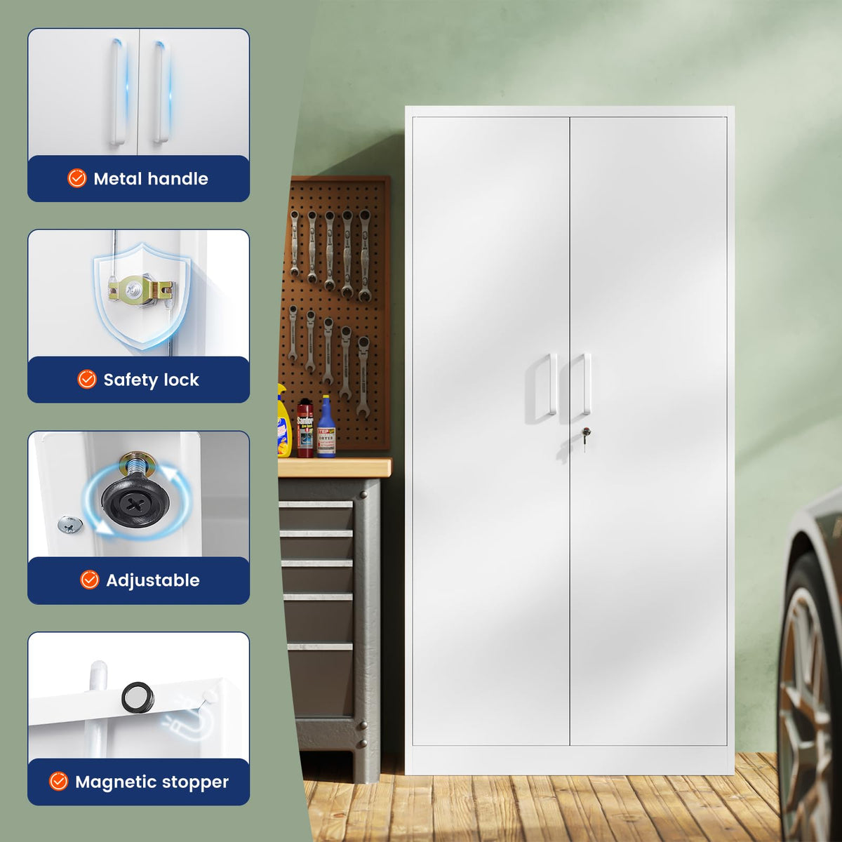 White Metal Storage Cabinet with 2 Doors and 5 Adjustable Shelves T887955
