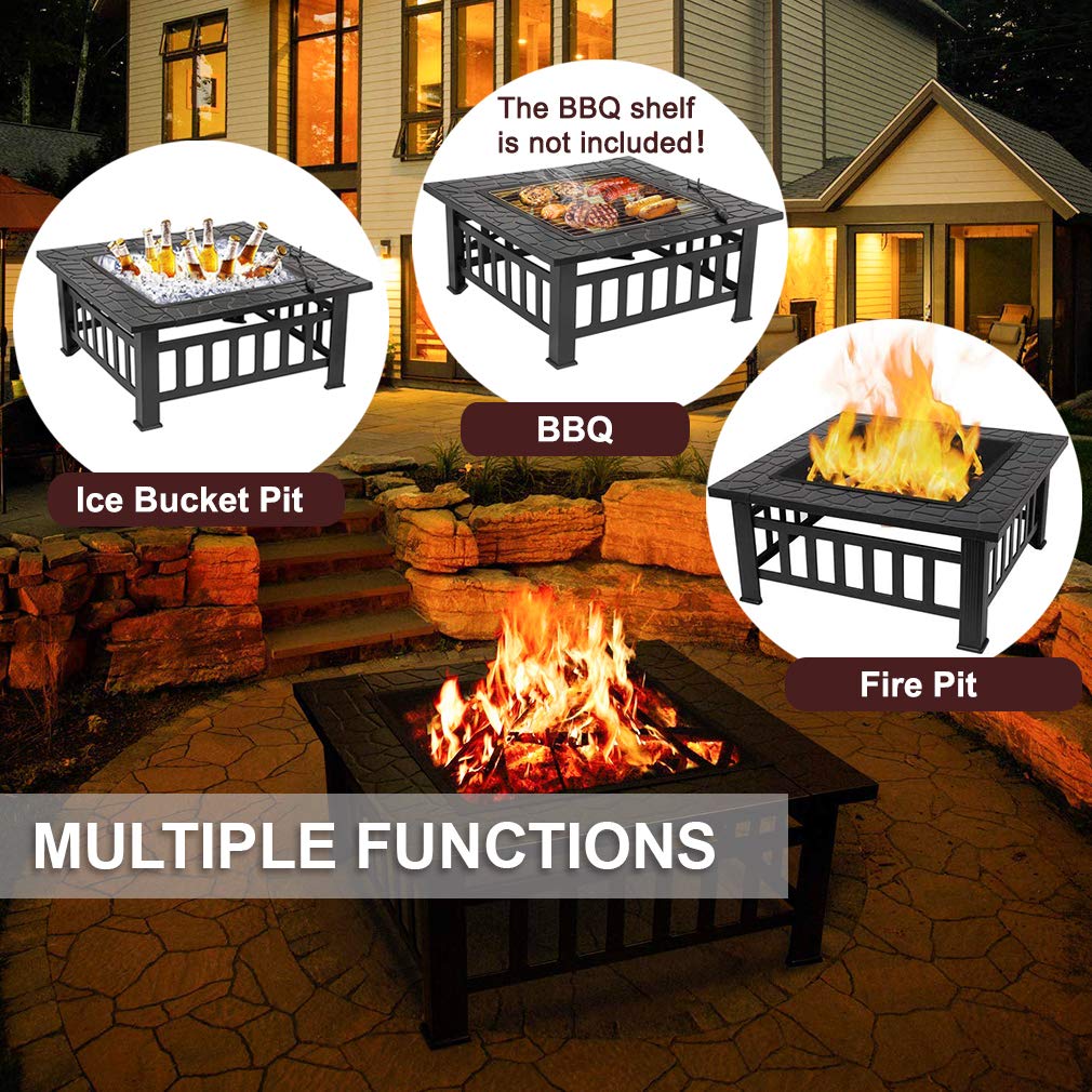 32'' Black Metal Square Wood Burning Fire Pit with Spark Screen Cover, Log Grate, Poker I86214