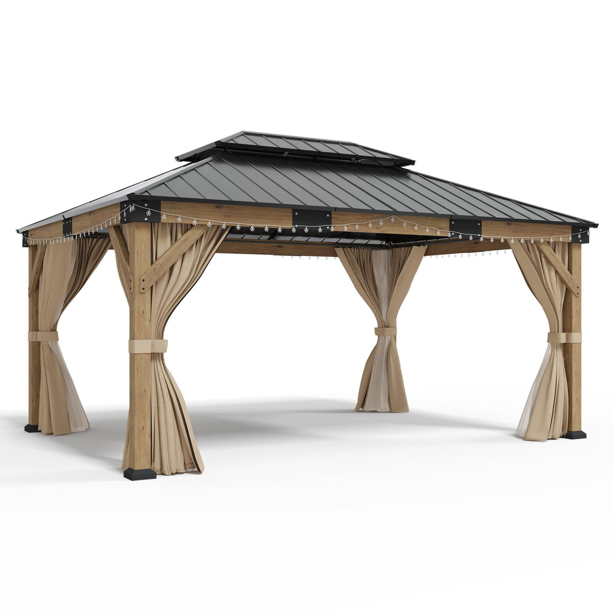 12x14FT Hardtop Gazebo with Double Roof, Privacy Curtain & Netting O743059