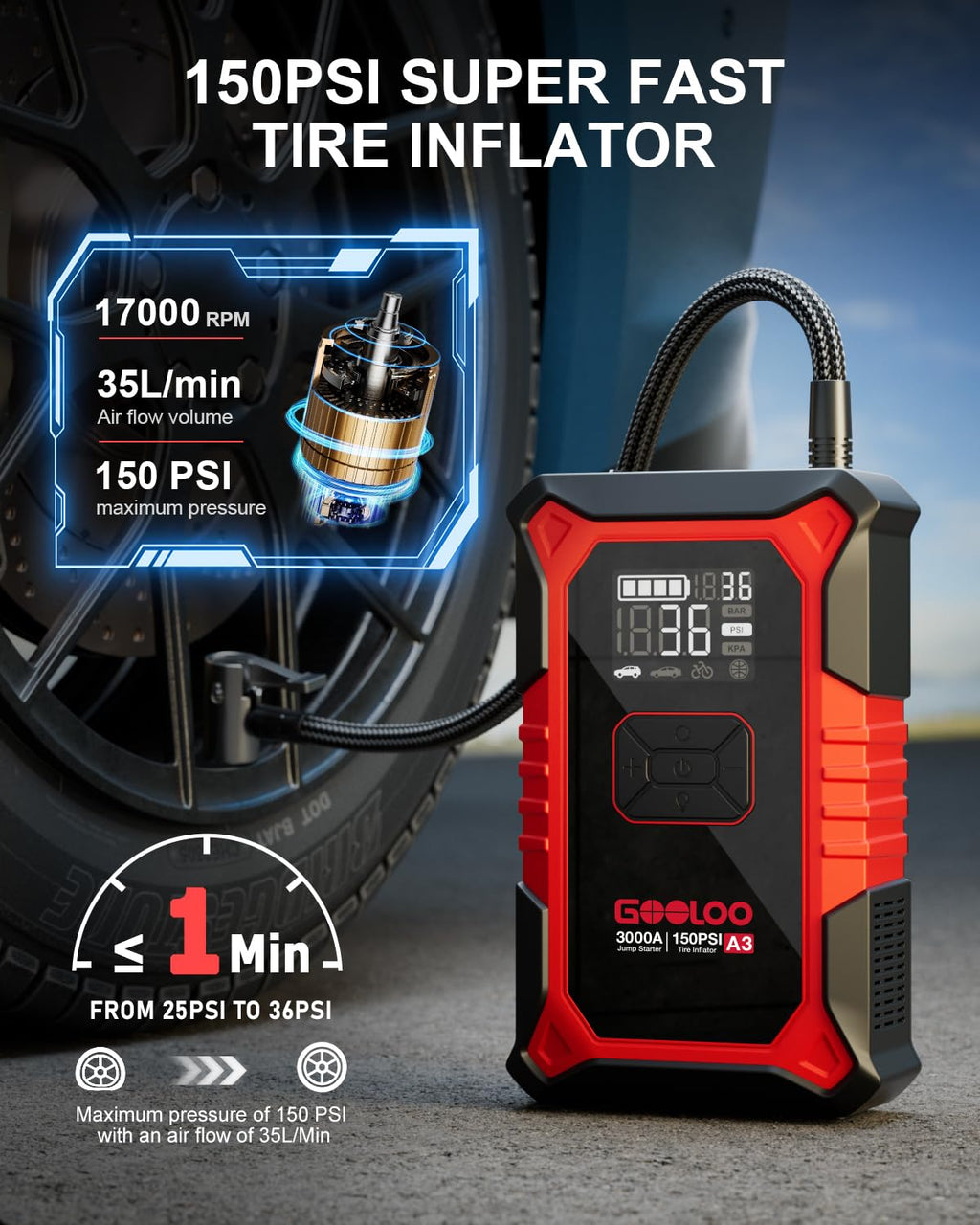 12V 3000A Portable Jump Starter with Air Compressor M43975