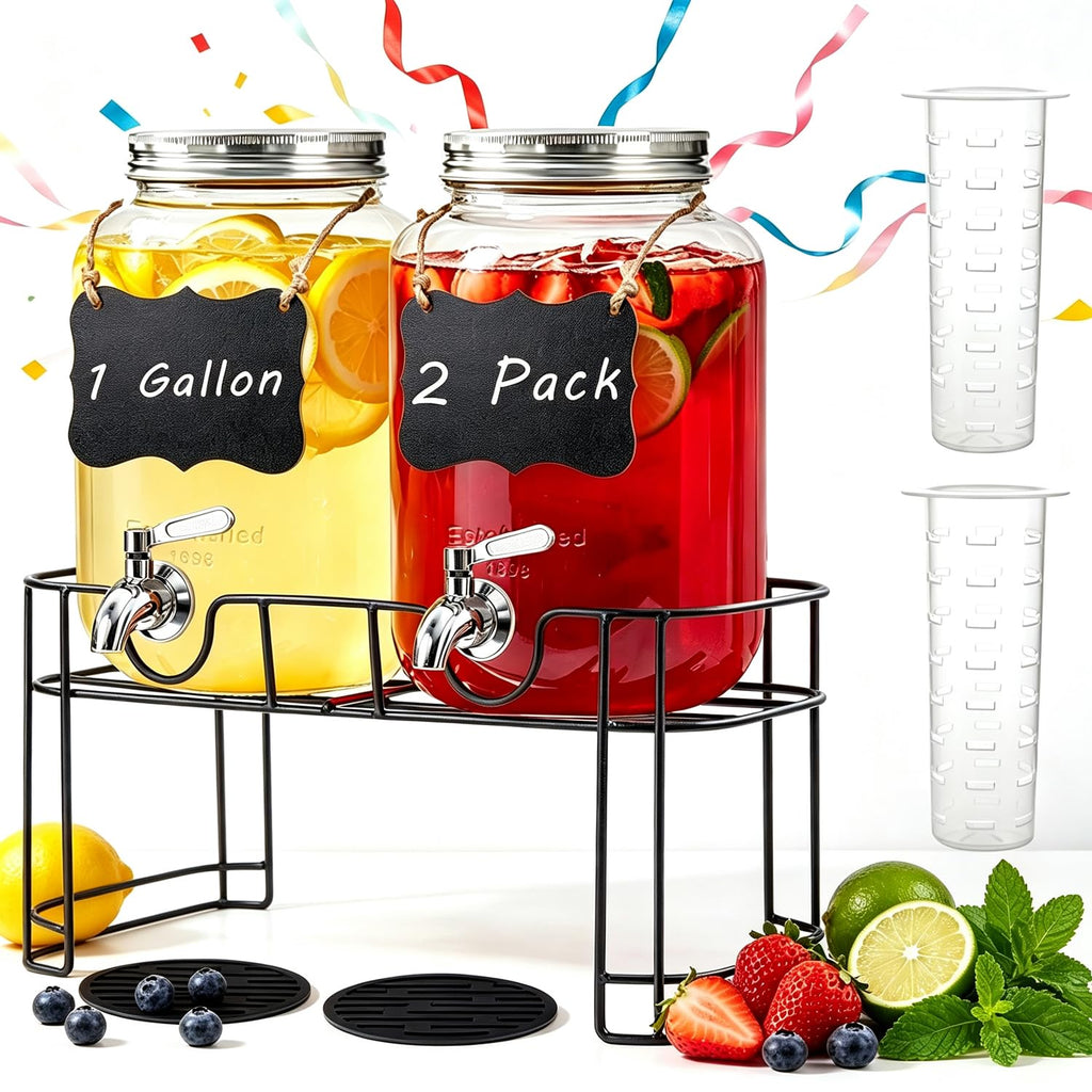 1 Gallon Glass Drink Dispenser with Stand, 2 Pack Beverage Dispenser with Spigot H59180