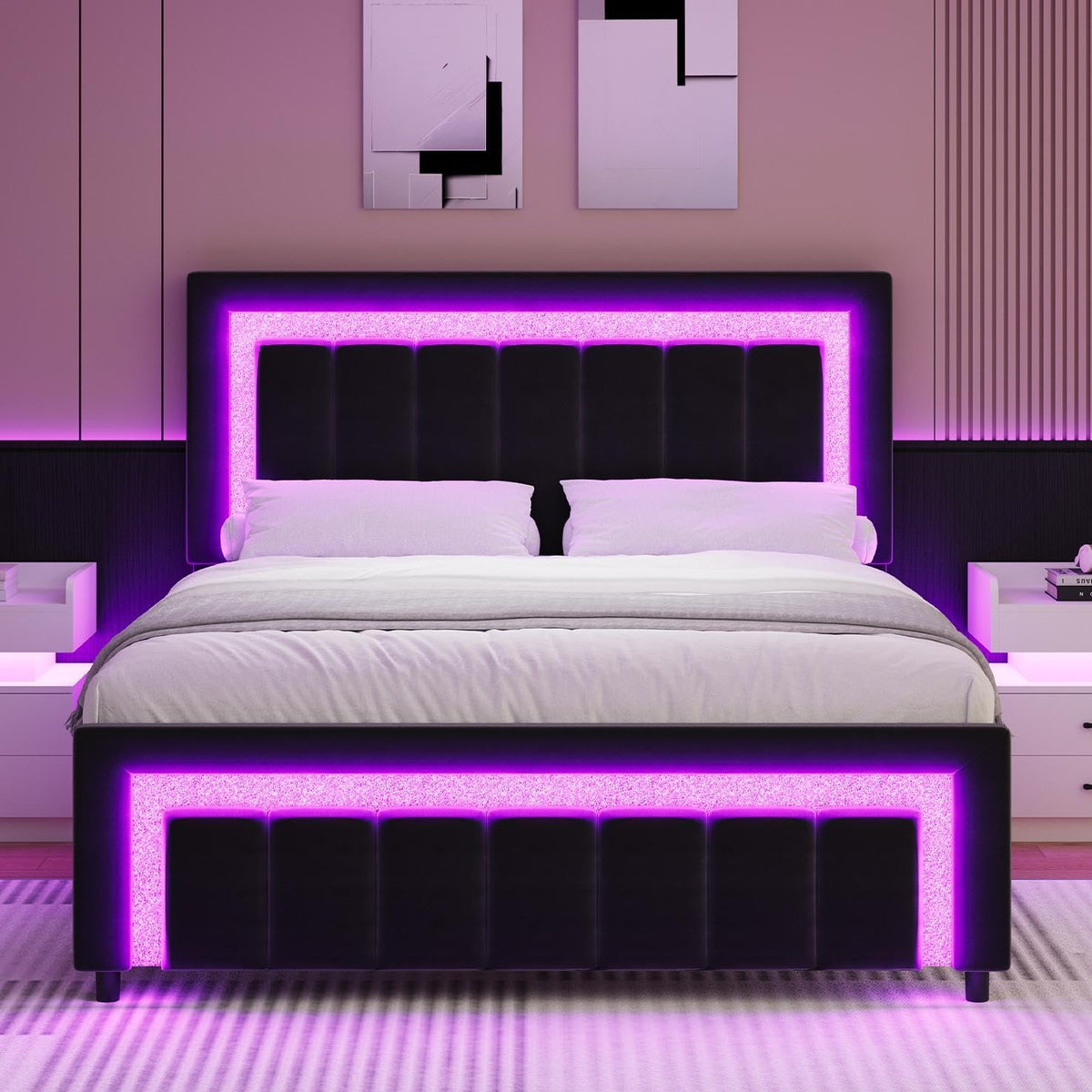 Full Size Velvet Upholstered Bed Frame with LED Lights C532316