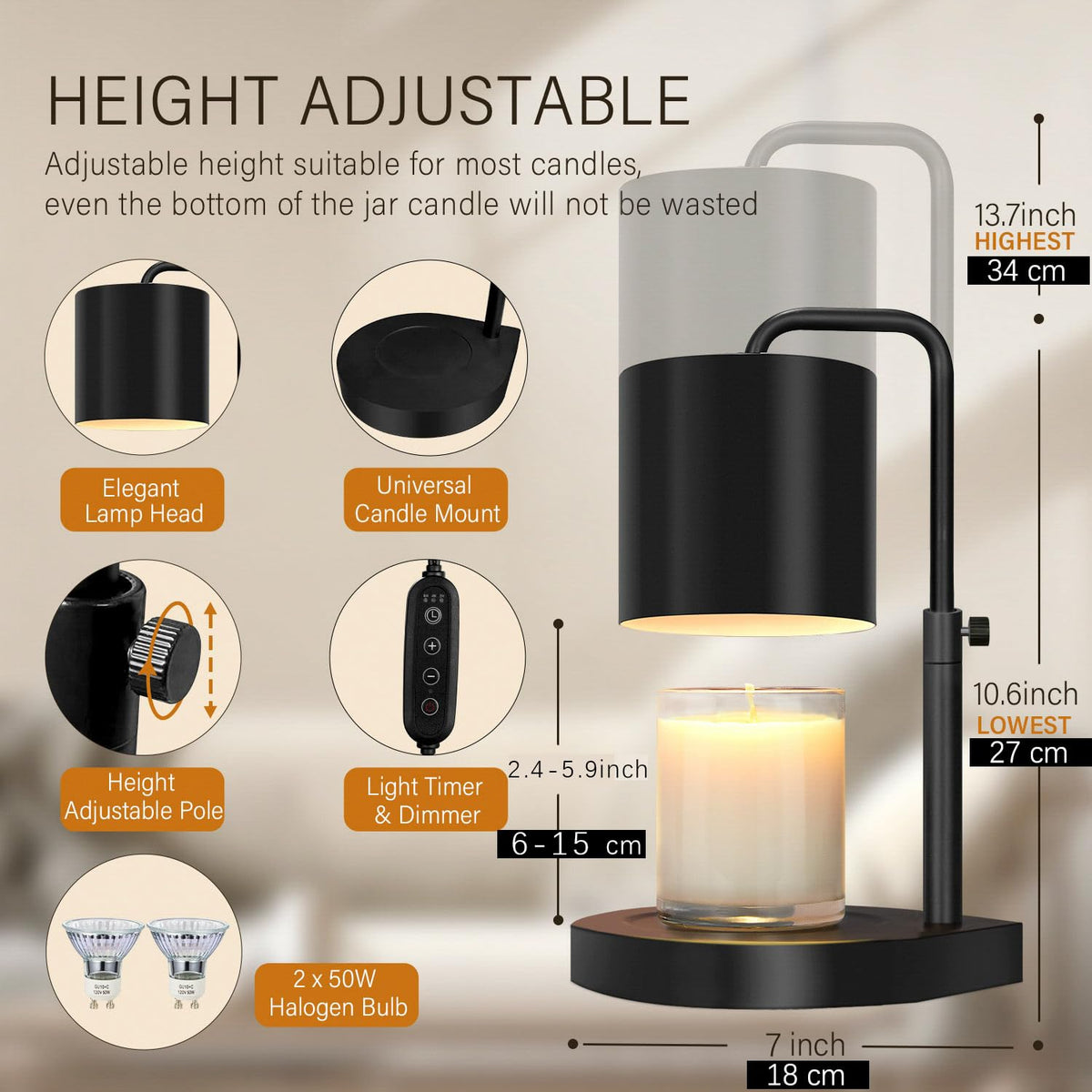 Black Adjustable Height Dimmable Candle Warmer Lamp with Timer F950957