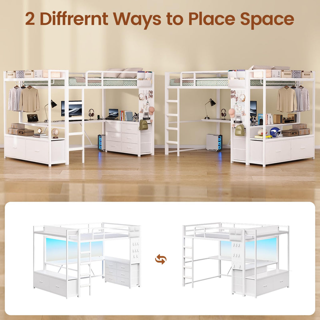 White Twin Loft Bed with L-Shaped Desk and 8 Storage Drawers T83971