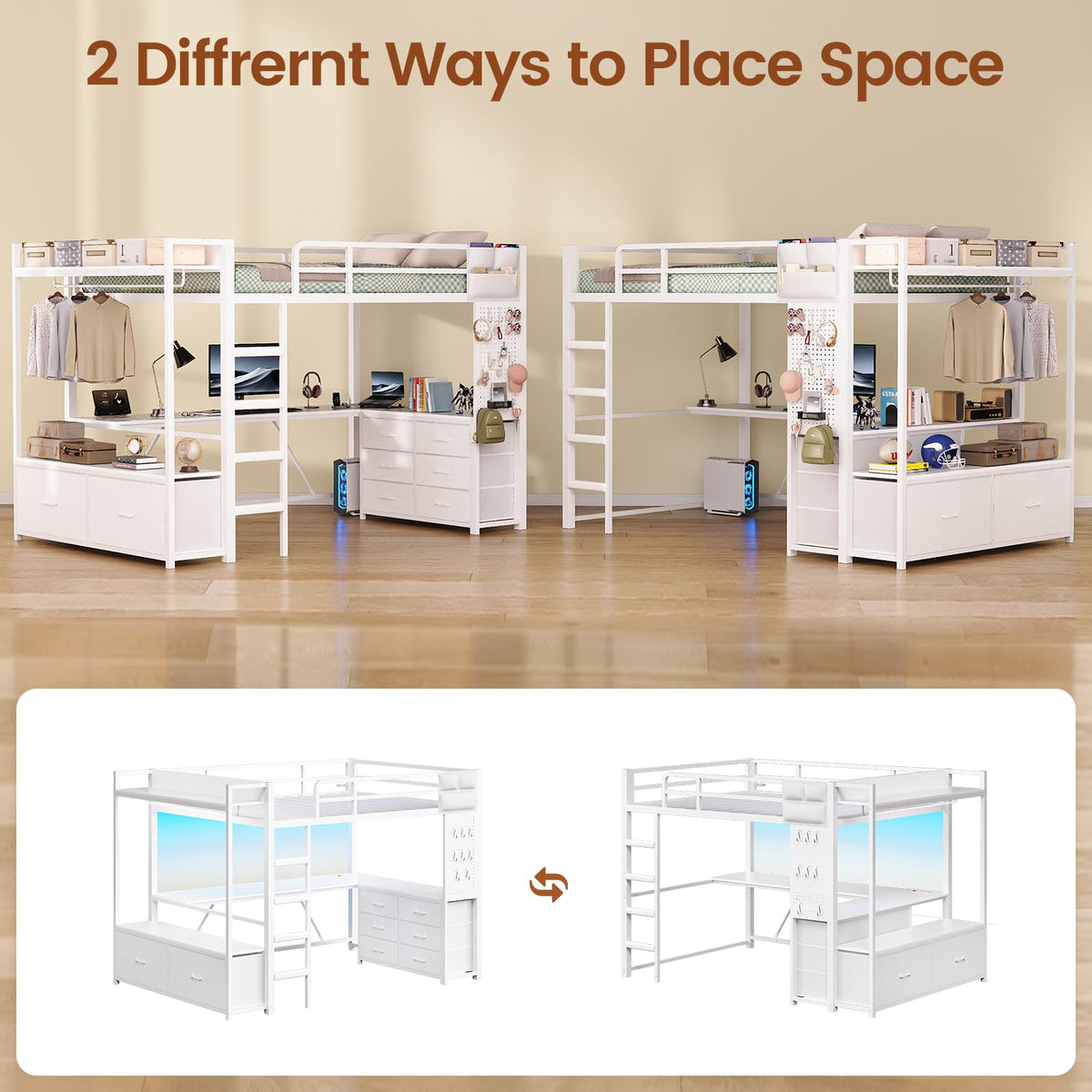 White Twin Loft Bed with L-Shaped Desk and 8 Storage Drawers T83971