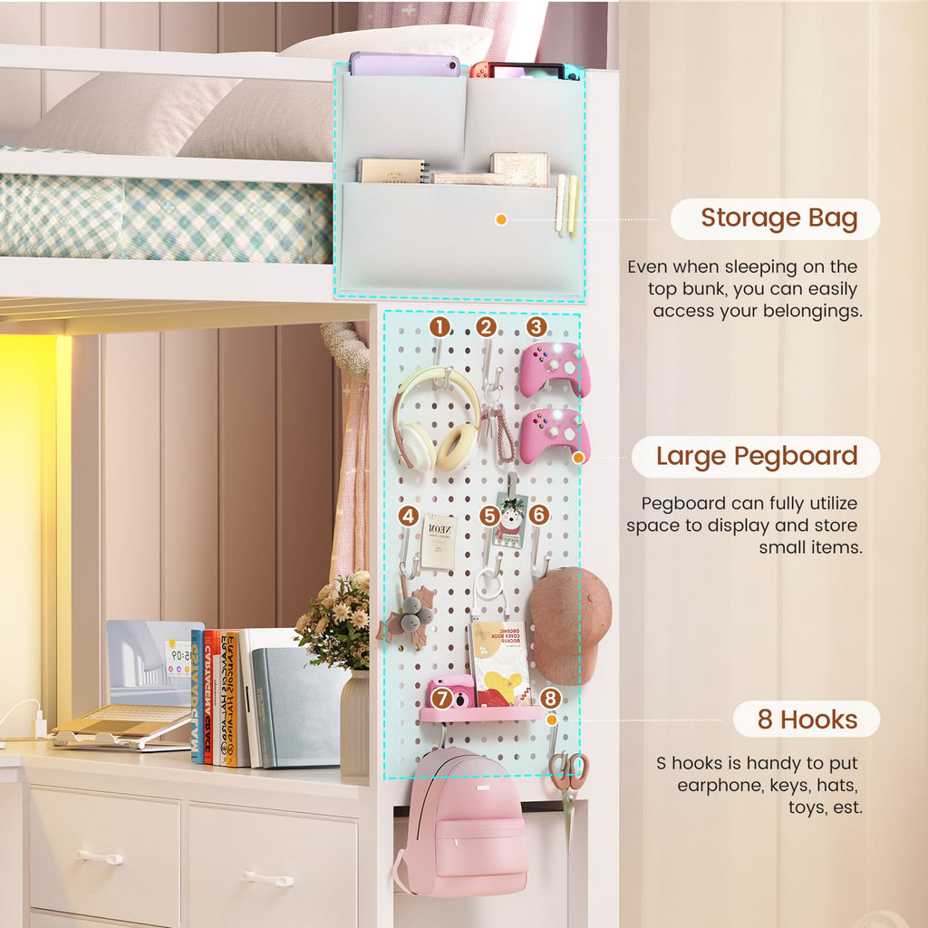 White Twin Loft Bed with L-Shaped Desk and 8 Storage Drawers T83971