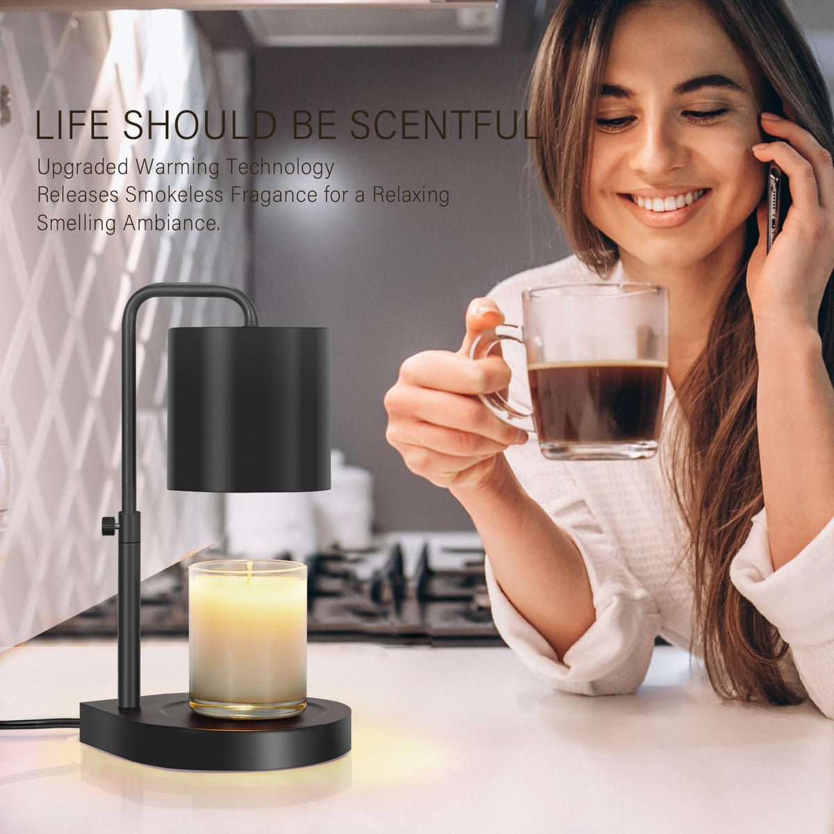Black Adjustable Height Dimmable Candle Warmer Lamp with Timer F950957