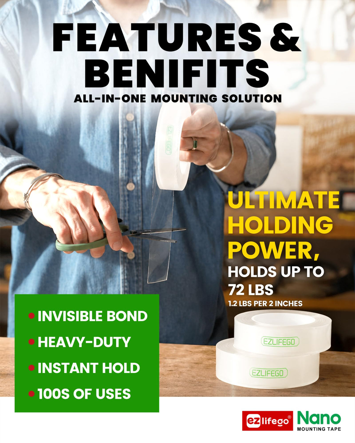 Heavy Duty Double Sided Mounting Tape, 9.85FT G52206