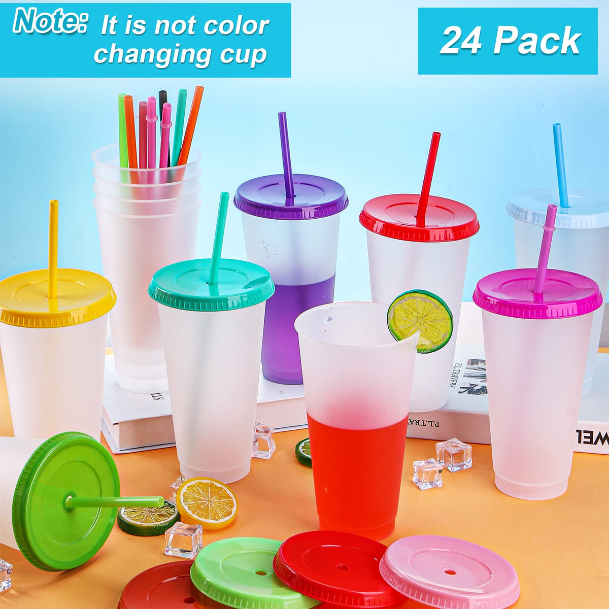 24 Pack Clear Plastic Tumblers with Lids and Straws B984445