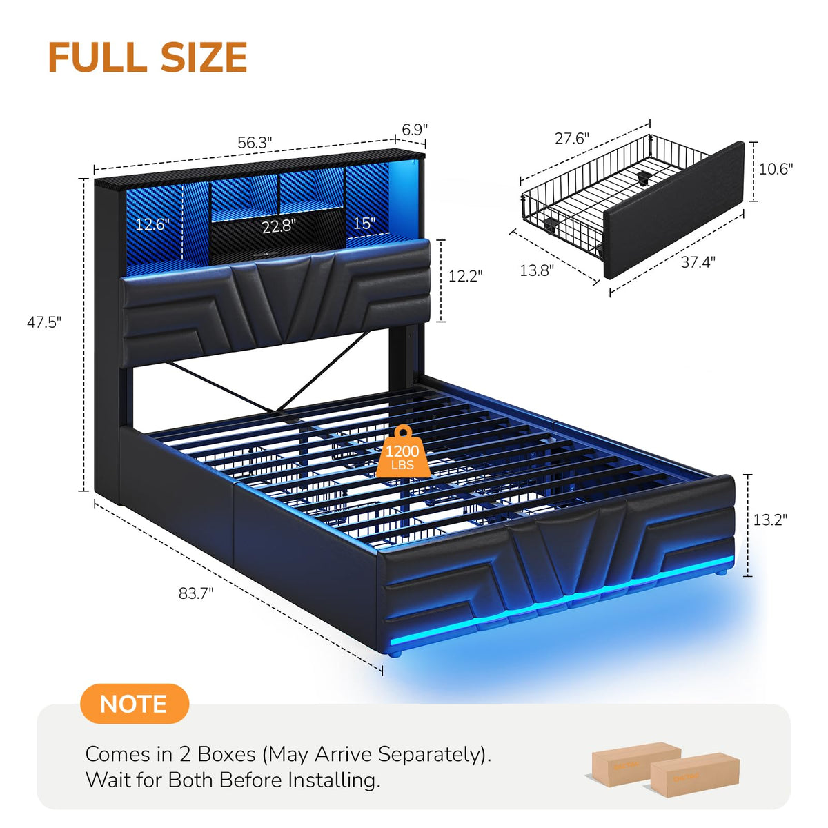 Full Size Bed Frame with 4 Drawers and Storage Headboard, Black H239189