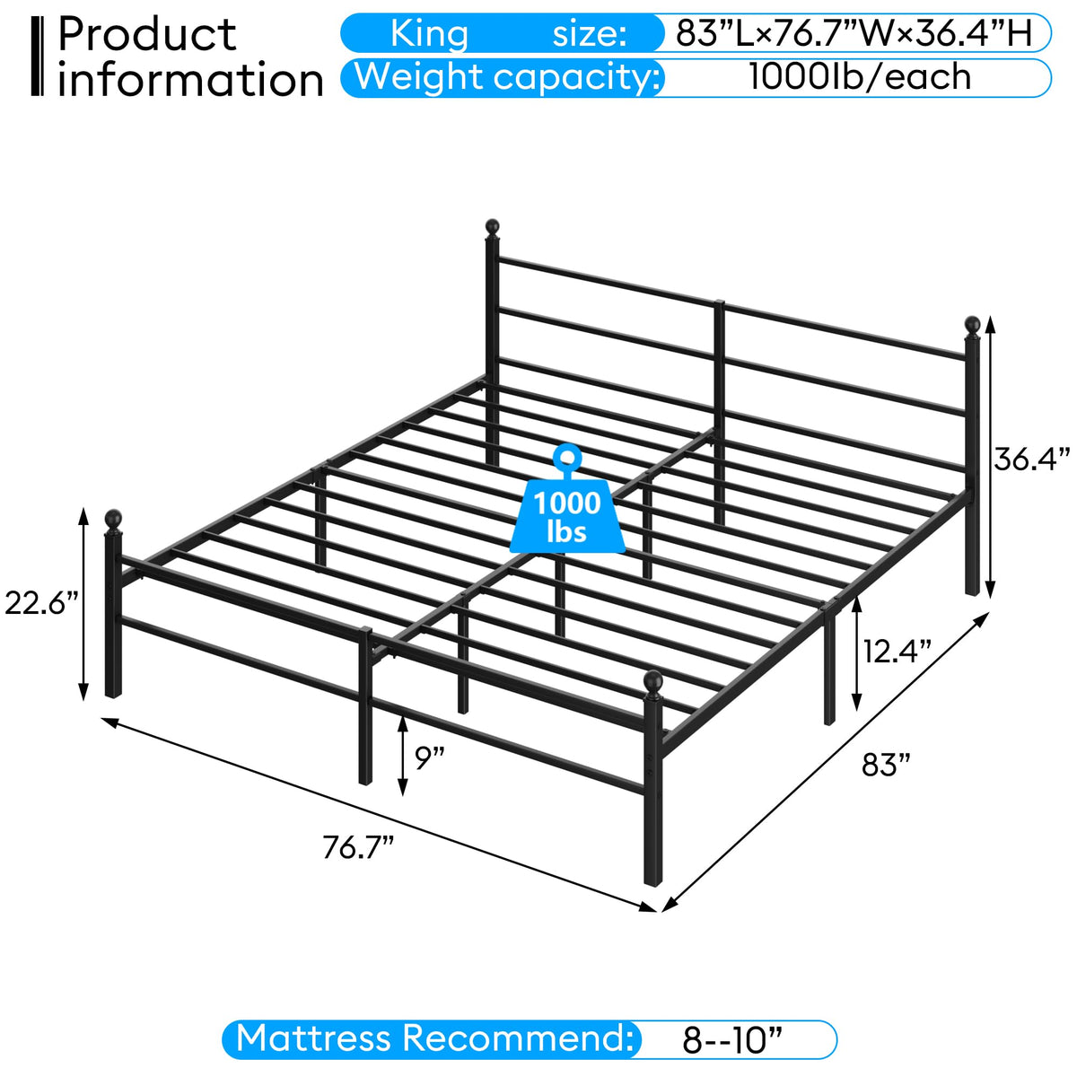 Black King Size Metal Platform Bed Frame with Headboard U8037