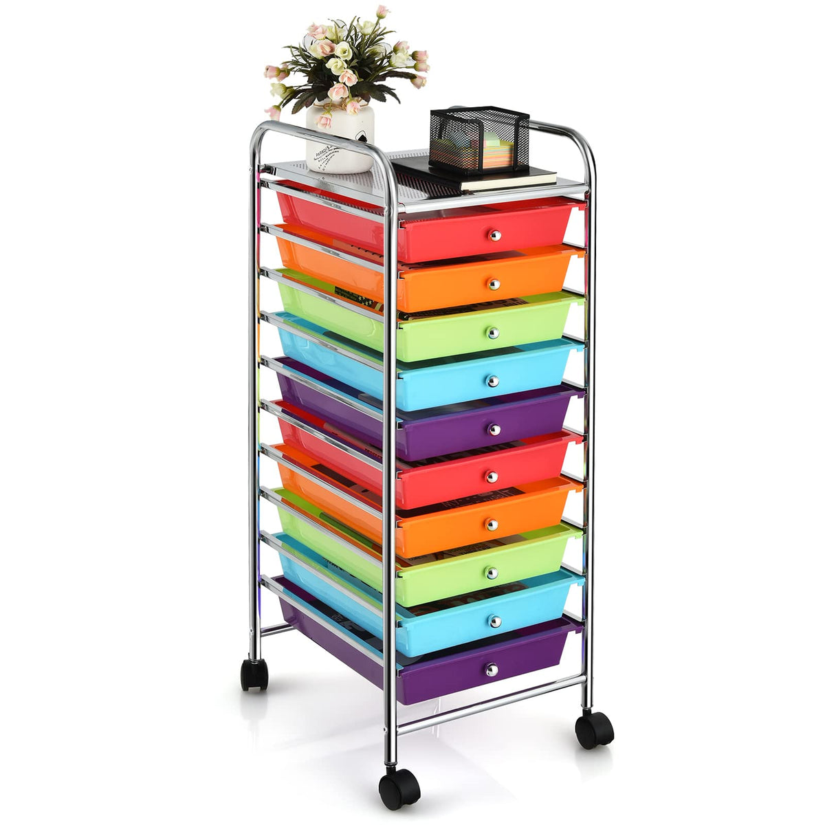 4-Wheel Metal Storage Cart with 10 Drawers W226