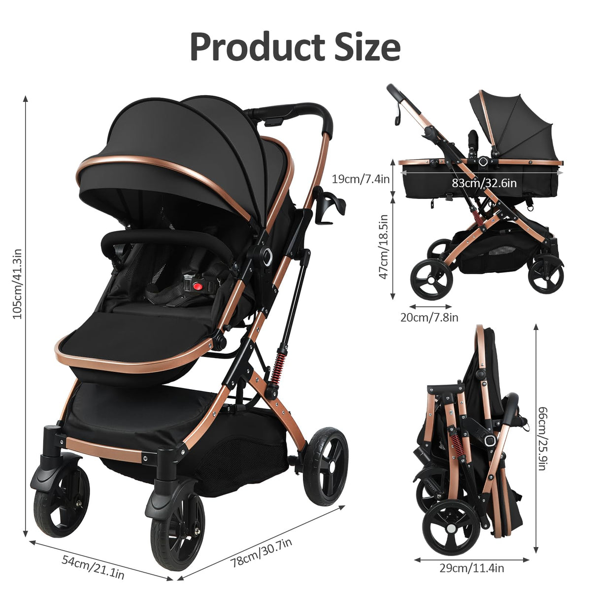 2 in 1 Convertible Bassinet Stroller with Reversible Seat UPF Canopy Black F107558