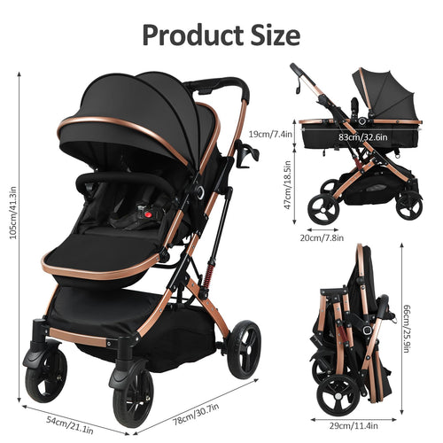 2 in 1 Convertible Bassinet Stroller with Reversible Seat UPF Canopy Black F107558