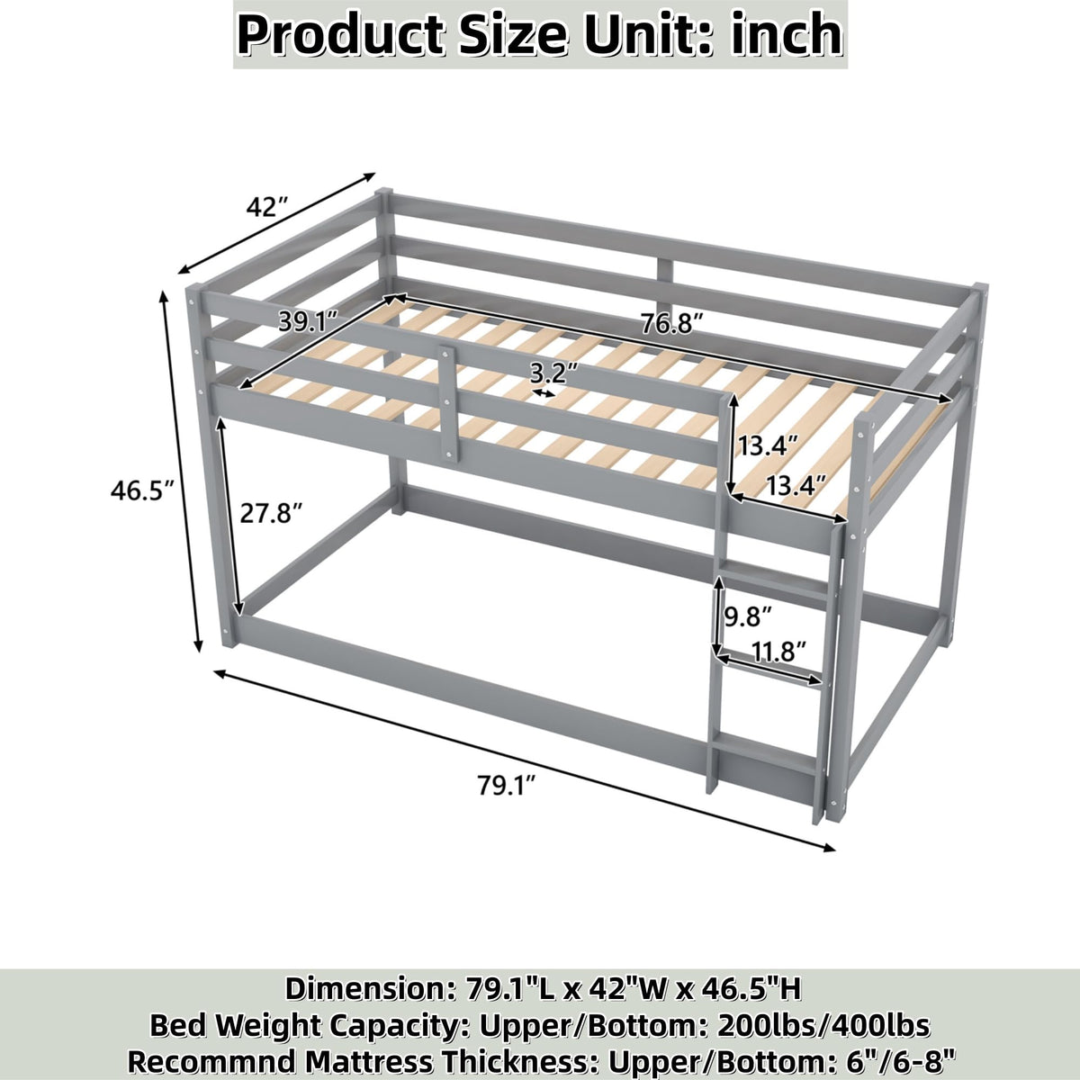 Twin Over Twin Solid Wood Bunk Bed with Ladder and Guardrails Y753