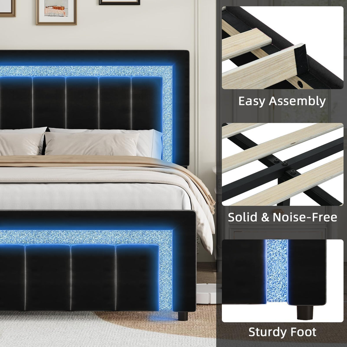 Full Size Velvet Upholstered Bed Frame with LED Lights C532316