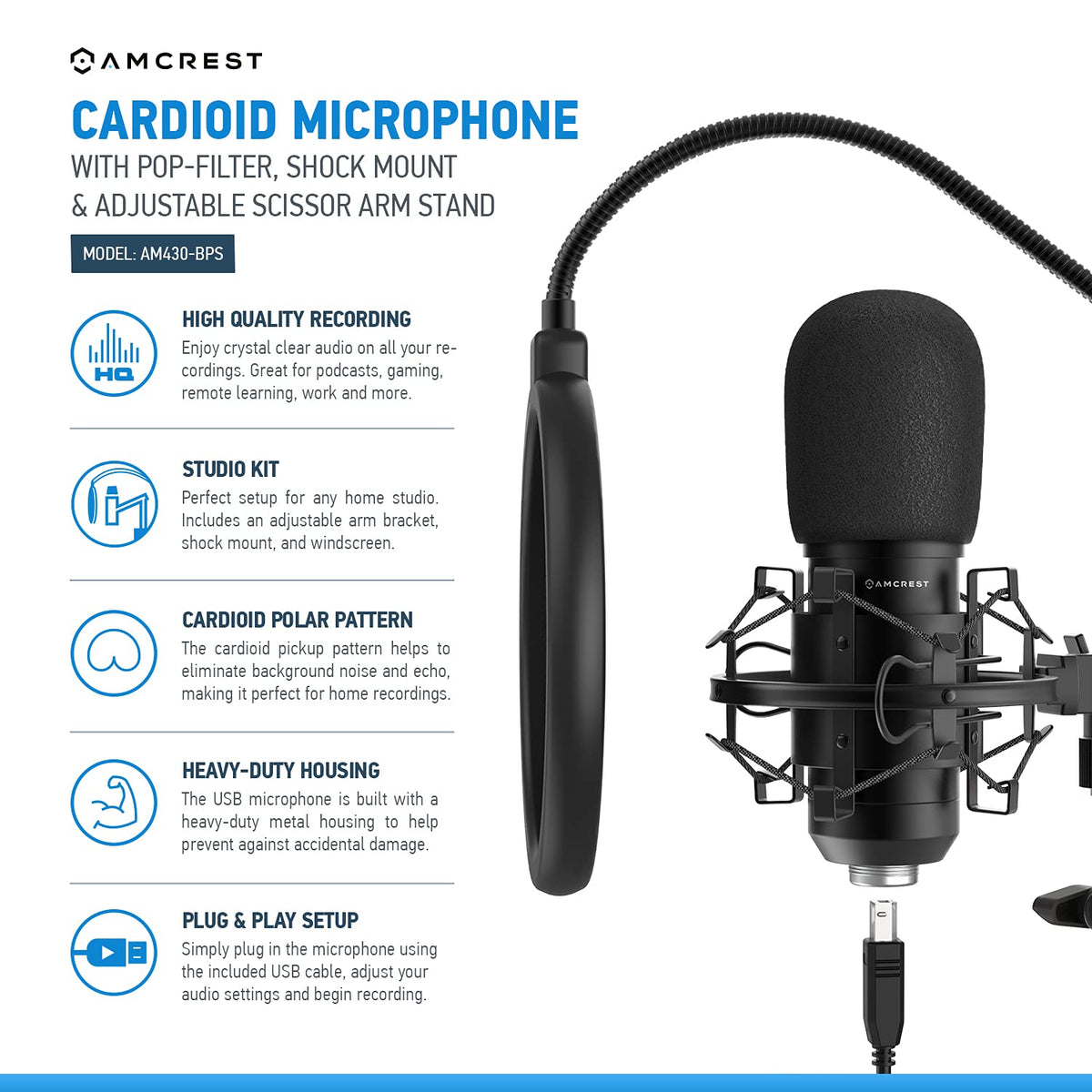 USB Microphone with Boom Arm, Pop-Filter, Shock Mount X173