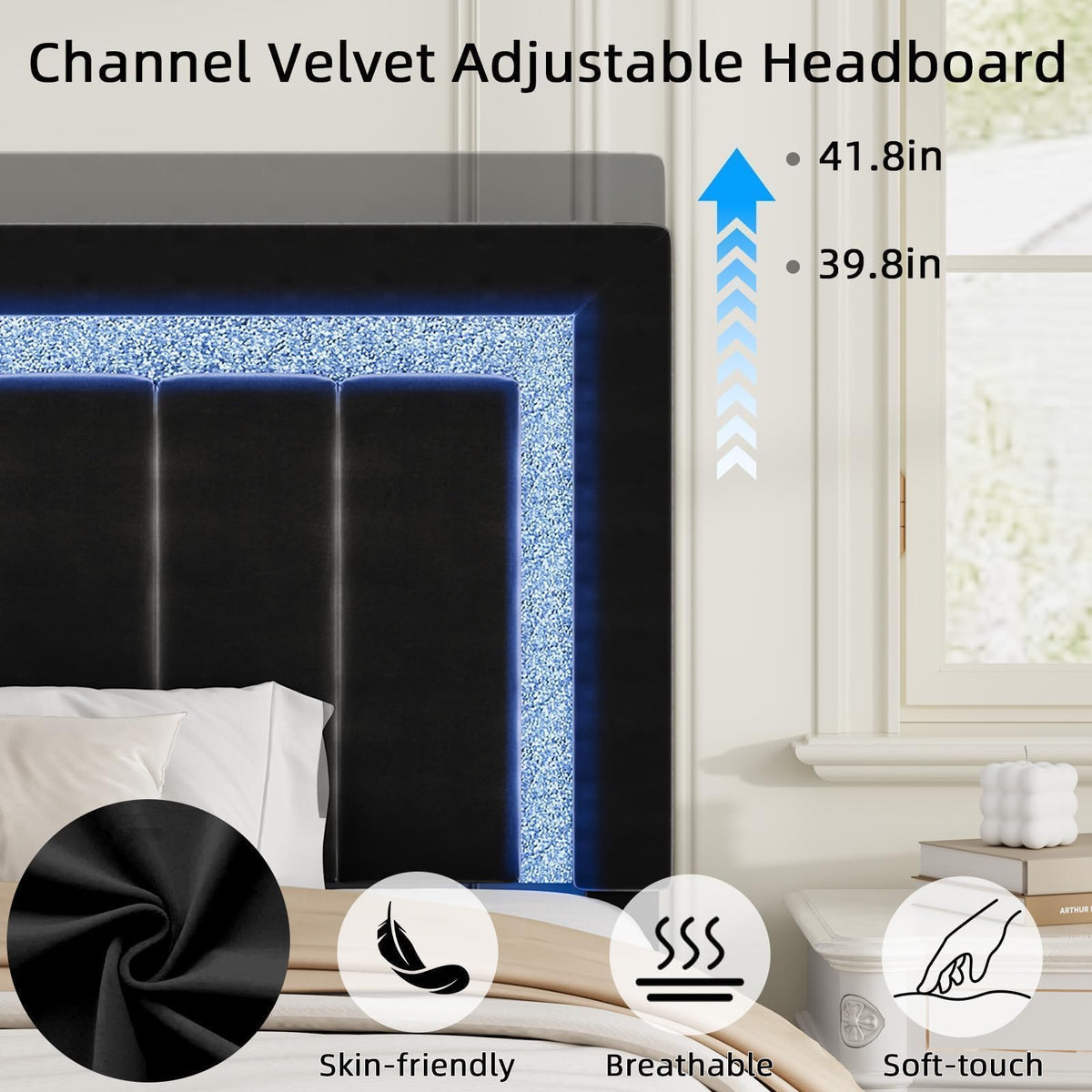 Full Size Velvet Upholstered Bed Frame with LED Lights C532316