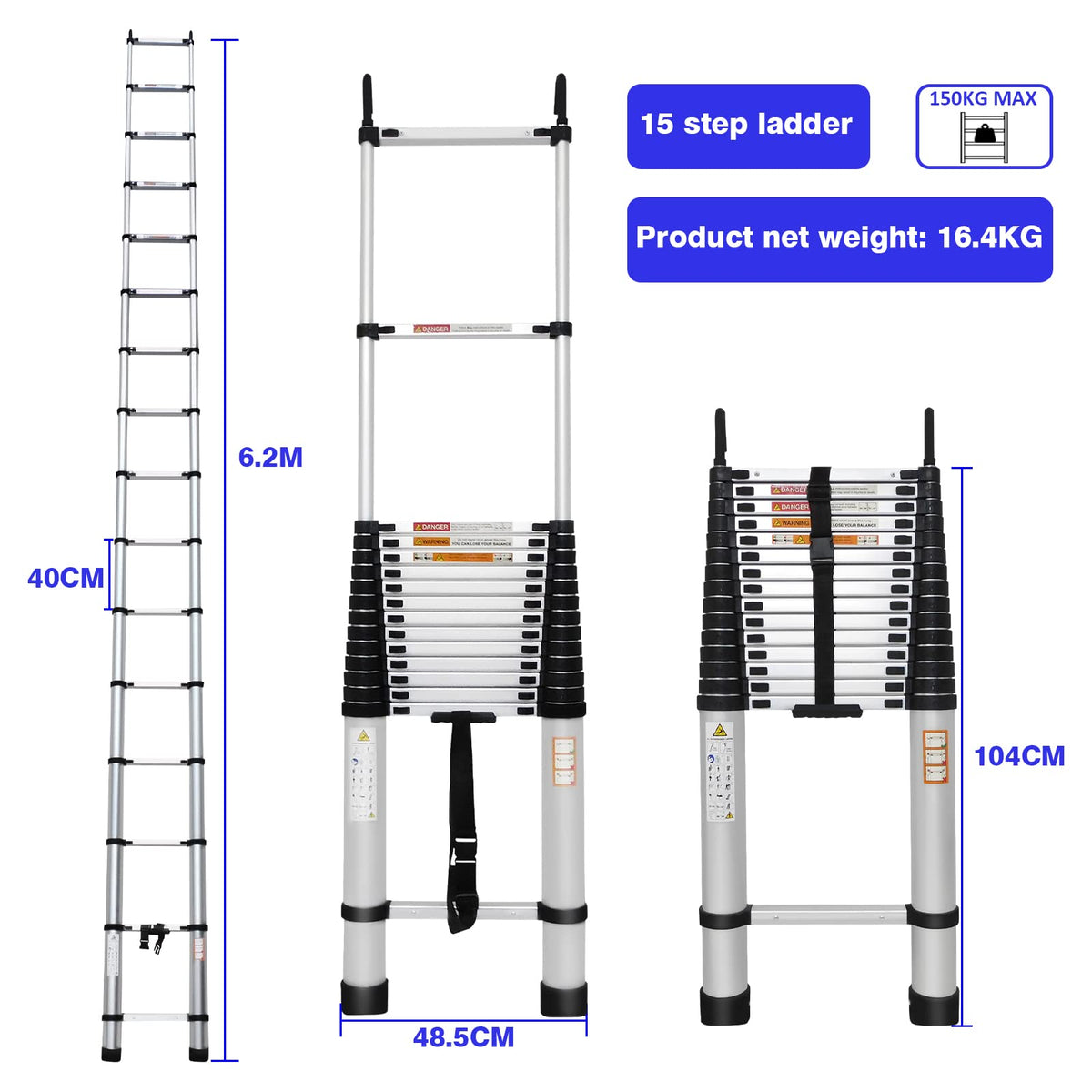 Aluminum Telescoping Ladder with Hooks, 20.3FT One Button Retraction 330lbs Capacity Q906597