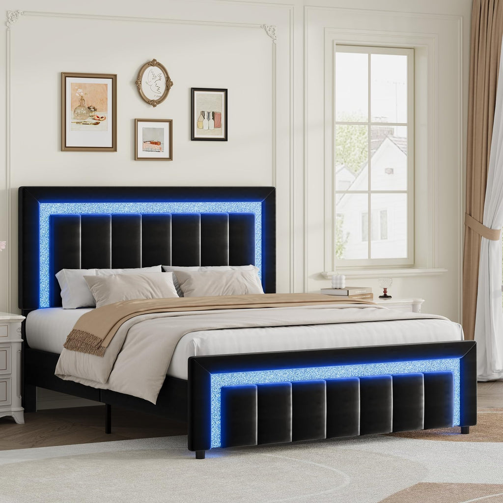 Full Size Velvet Upholstered Bed Frame with LED Lights C532316