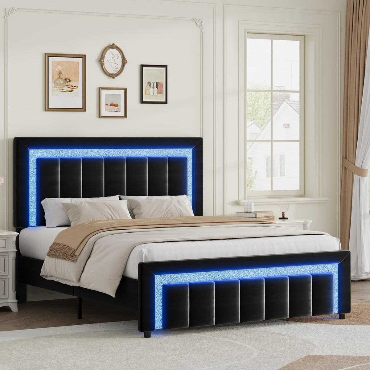 Full Size Velvet Upholstered Bed Frame with LED Lights C532316