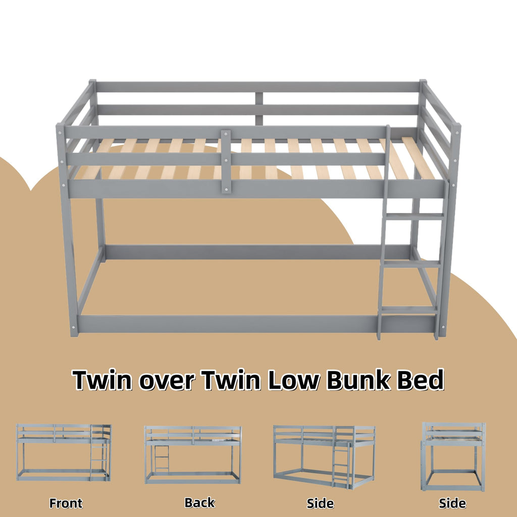 Twin Over Twin Solid Wood Bunk Bed with Ladder and Guardrails Y753