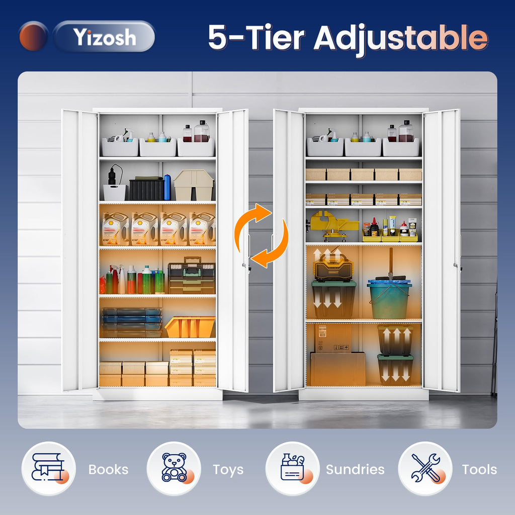 White Metal Storage Cabinet with 2 Doors and 5 Adjustable Shelves T887955