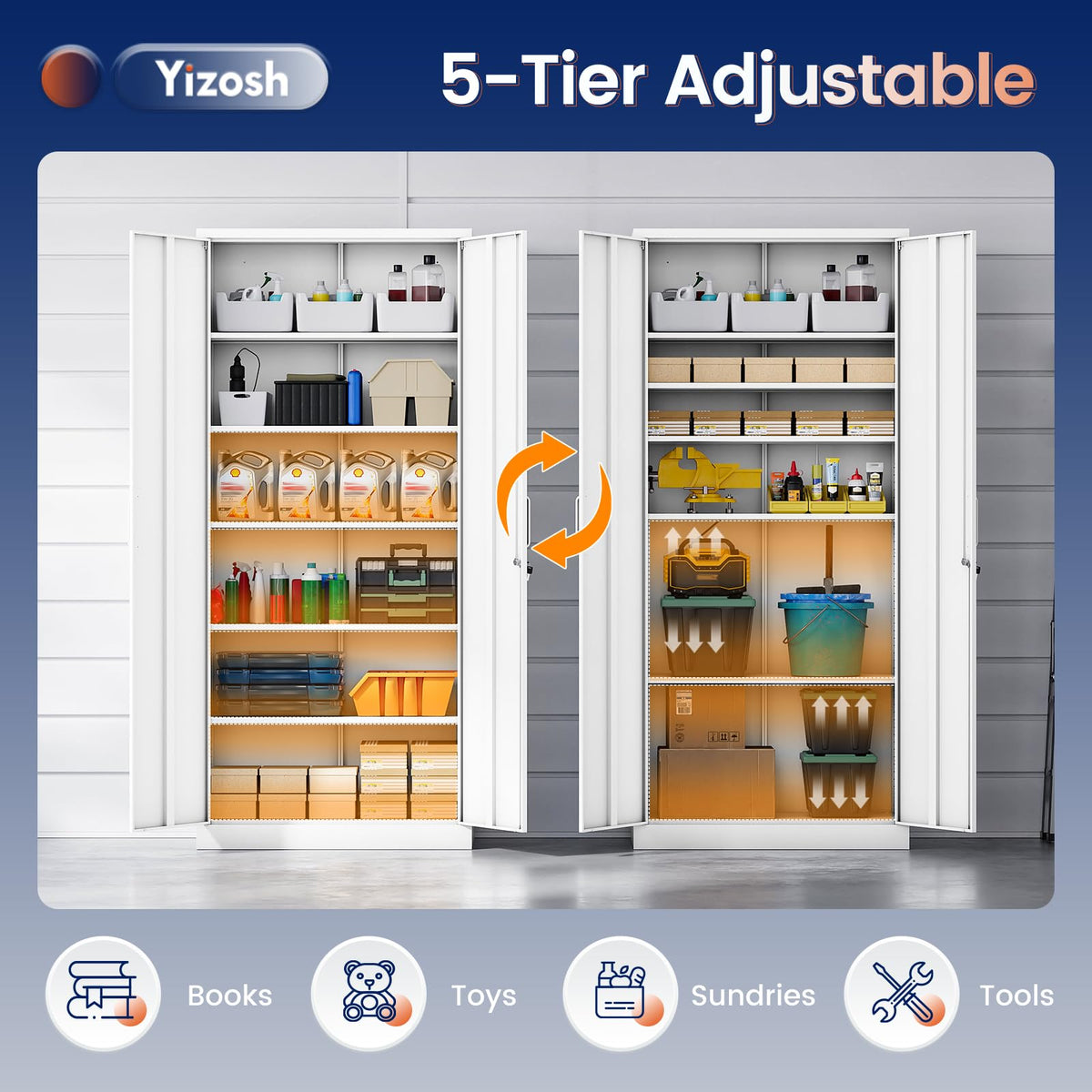 White Metal Storage Cabinet with 2 Doors and 5 Adjustable Shelves T887955