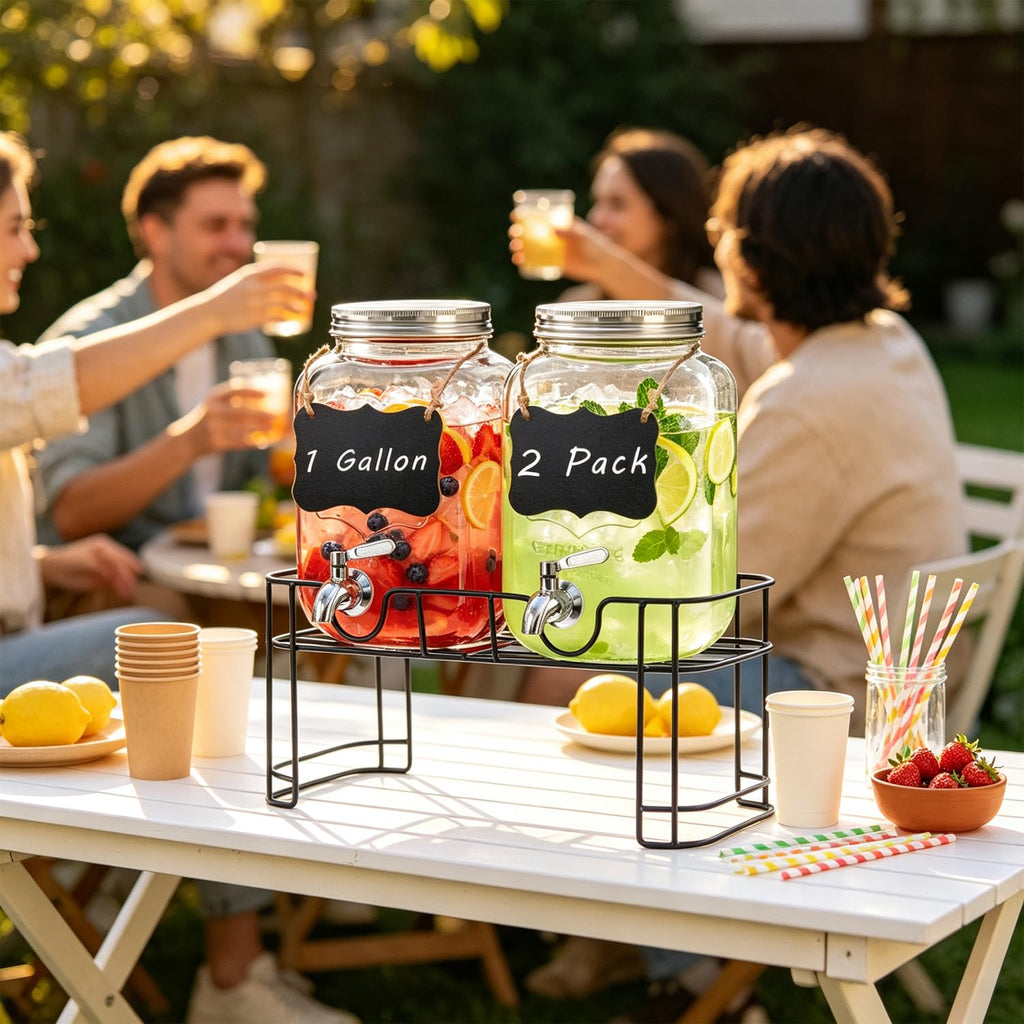 1 Gallon Glass Drink Dispenser with Stand, 2 Pack Beverage Dispenser with Spigot H59180