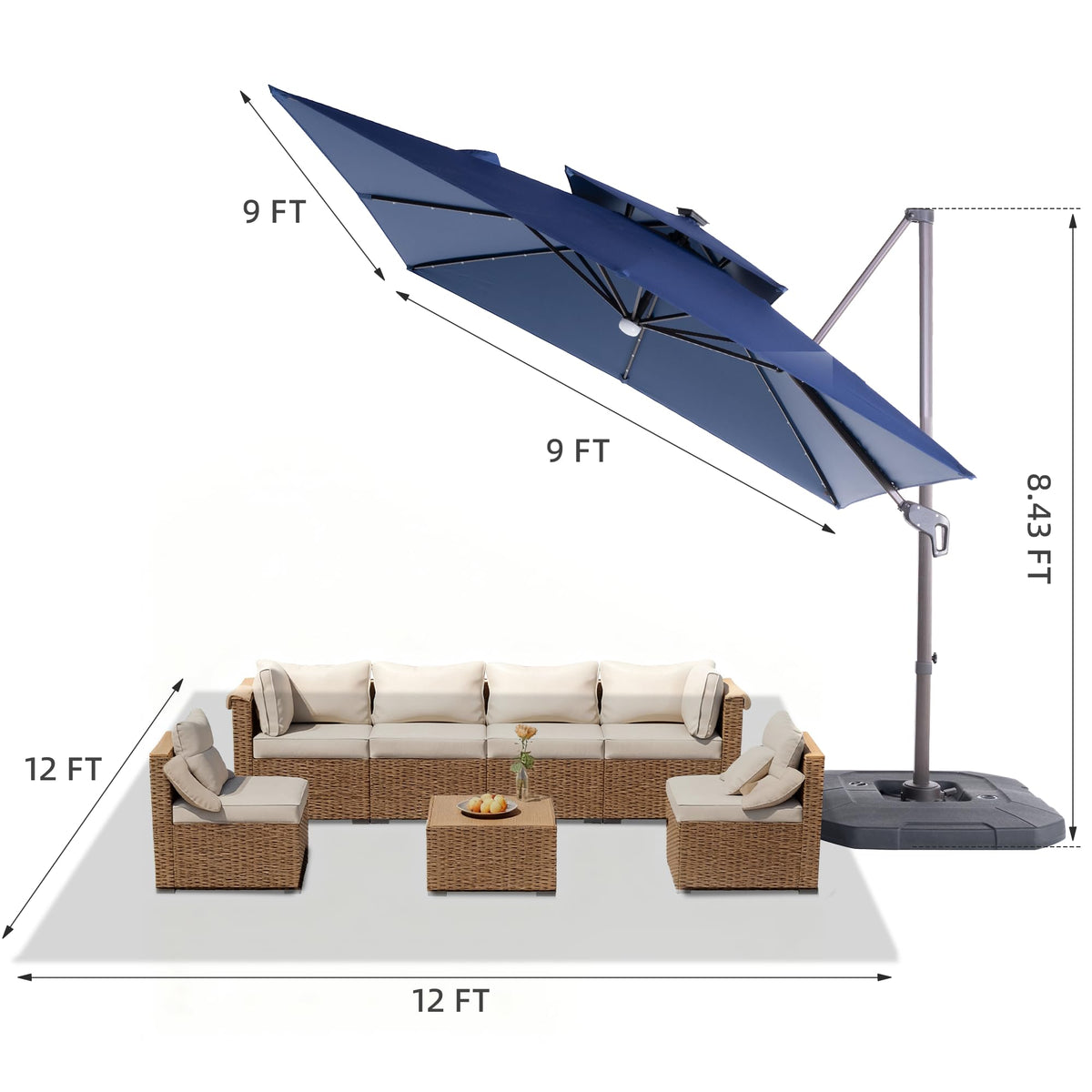 9x9 FT Cantilever Offset Patio Umbrella with Lights & Base T7183