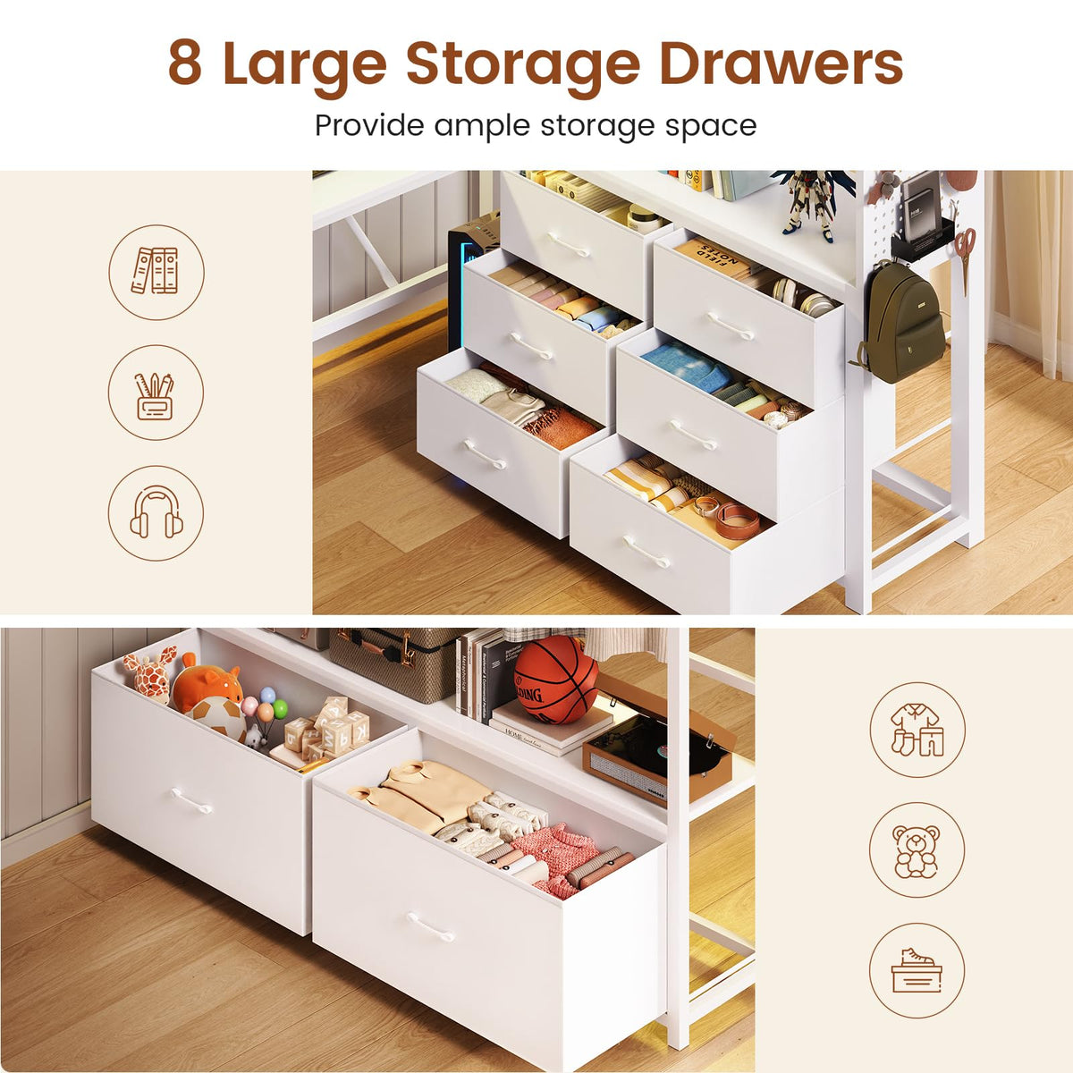 White Twin Loft Bed with L-Shaped Desk and 8 Storage Drawers T83971