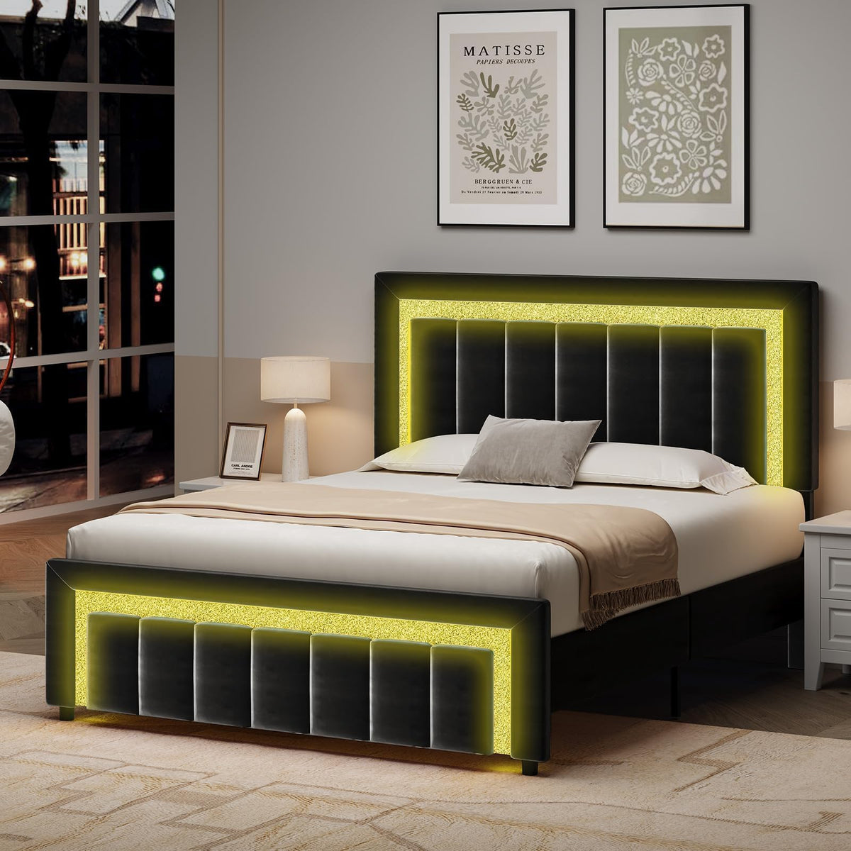 Full Size Velvet Upholstered Bed Frame with LED Lights C532316