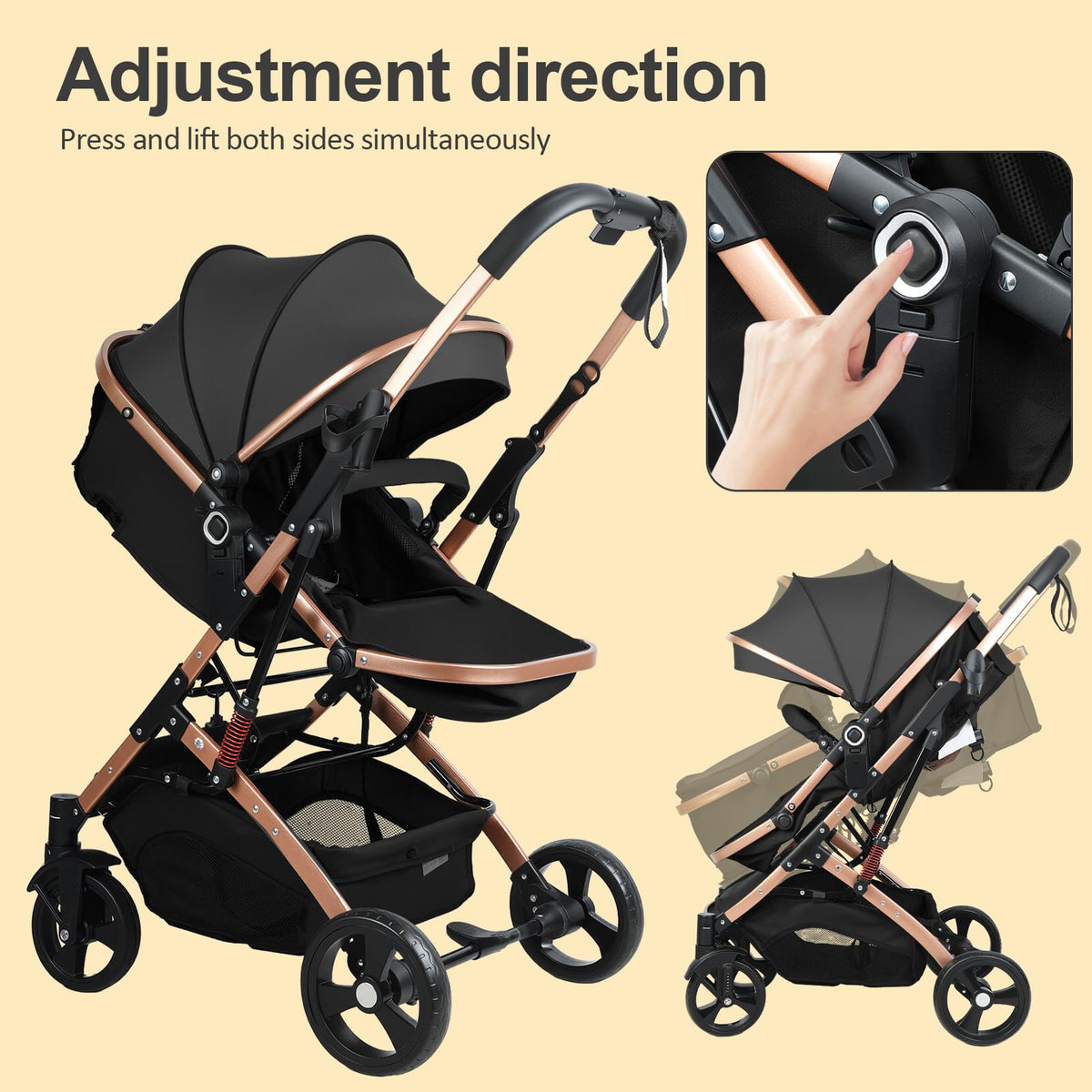 2 in 1 Convertible Bassinet Stroller with Reversible Seat UPF Canopy Black F107558