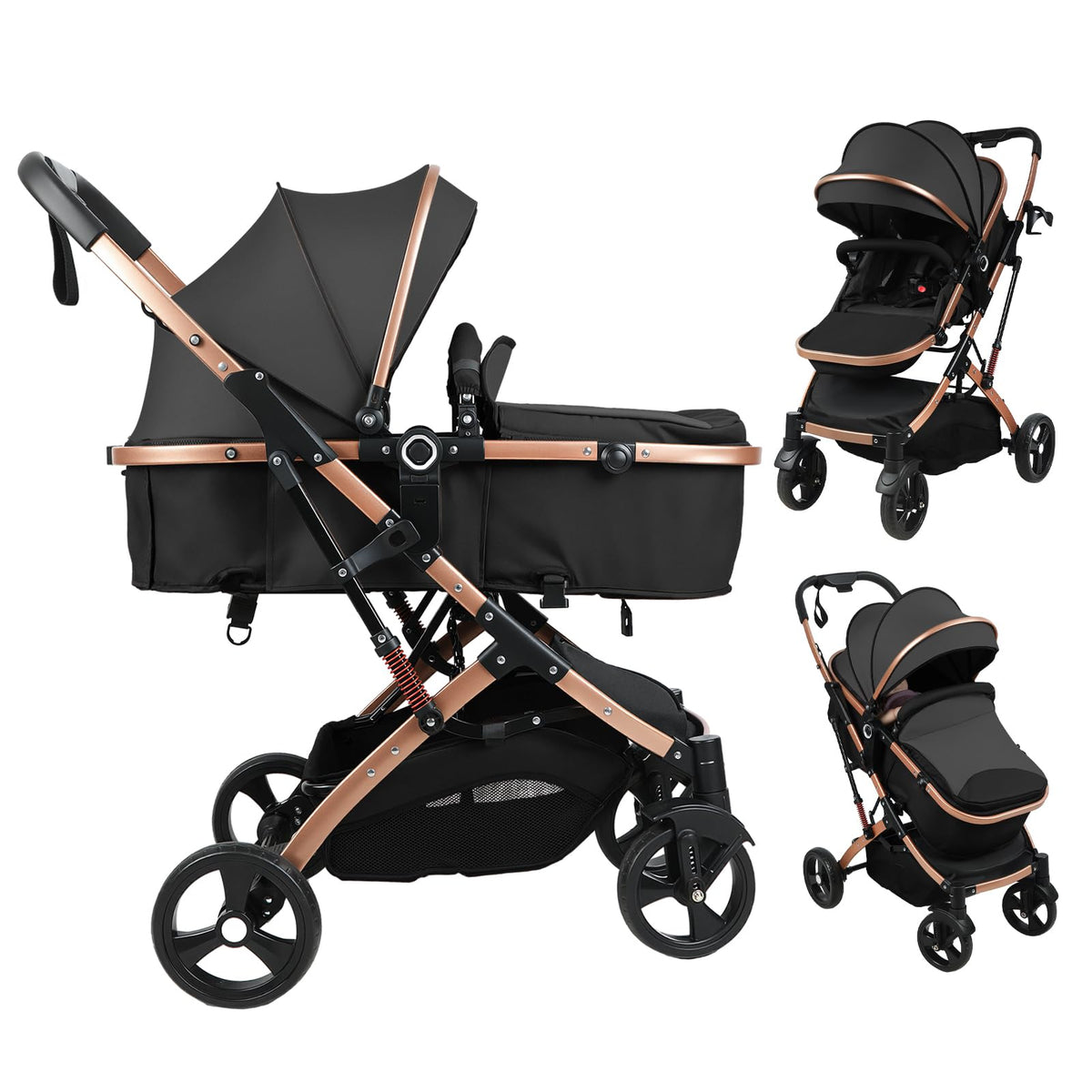 2 in 1 Convertible Bassinet Stroller with Reversible Seat UPF Canopy Black F107558